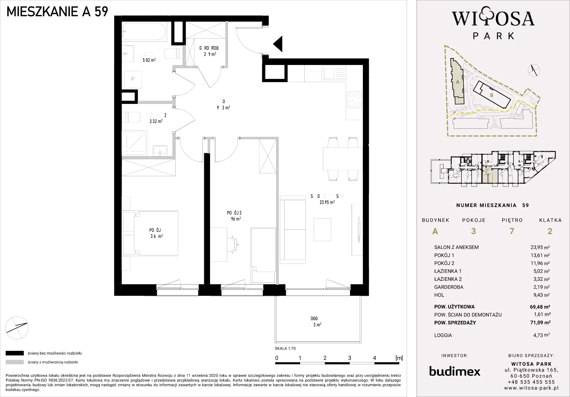 3 pokoje, mieszkanie 71,09 m², piętro 7, oferta nr A/59, Witosa Park, Poznań, Winiary, Winiary, ul. Piątkowska 165 A-B
