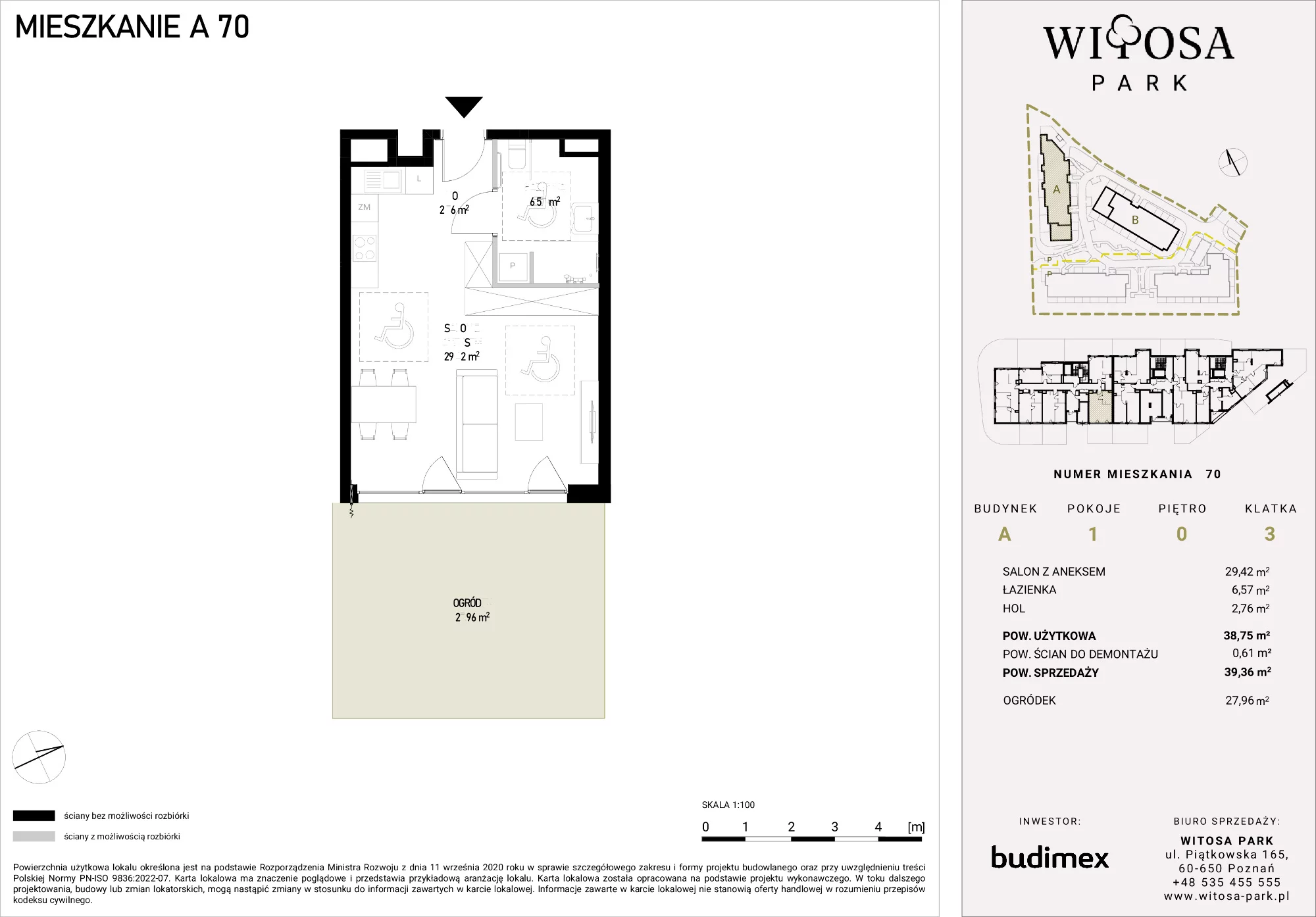 1 pokój, mieszkanie 39,36 m², parter, oferta nr A/70, Witosa Park, Poznań, Winiary, Winiary, ul. Piątkowska 165 A-B