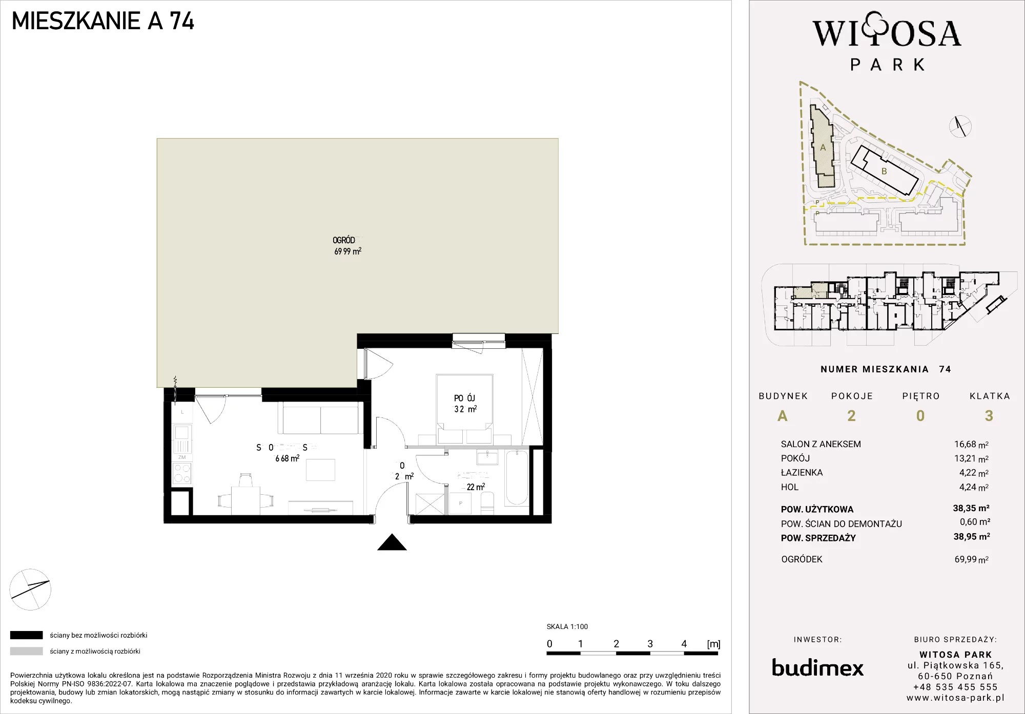 2 pokoje, mieszkanie 38,95 m², parter, oferta nr A/74, Witosa Park, Poznań, Winiary, Winiary, ul. Piątkowska 165 A-B