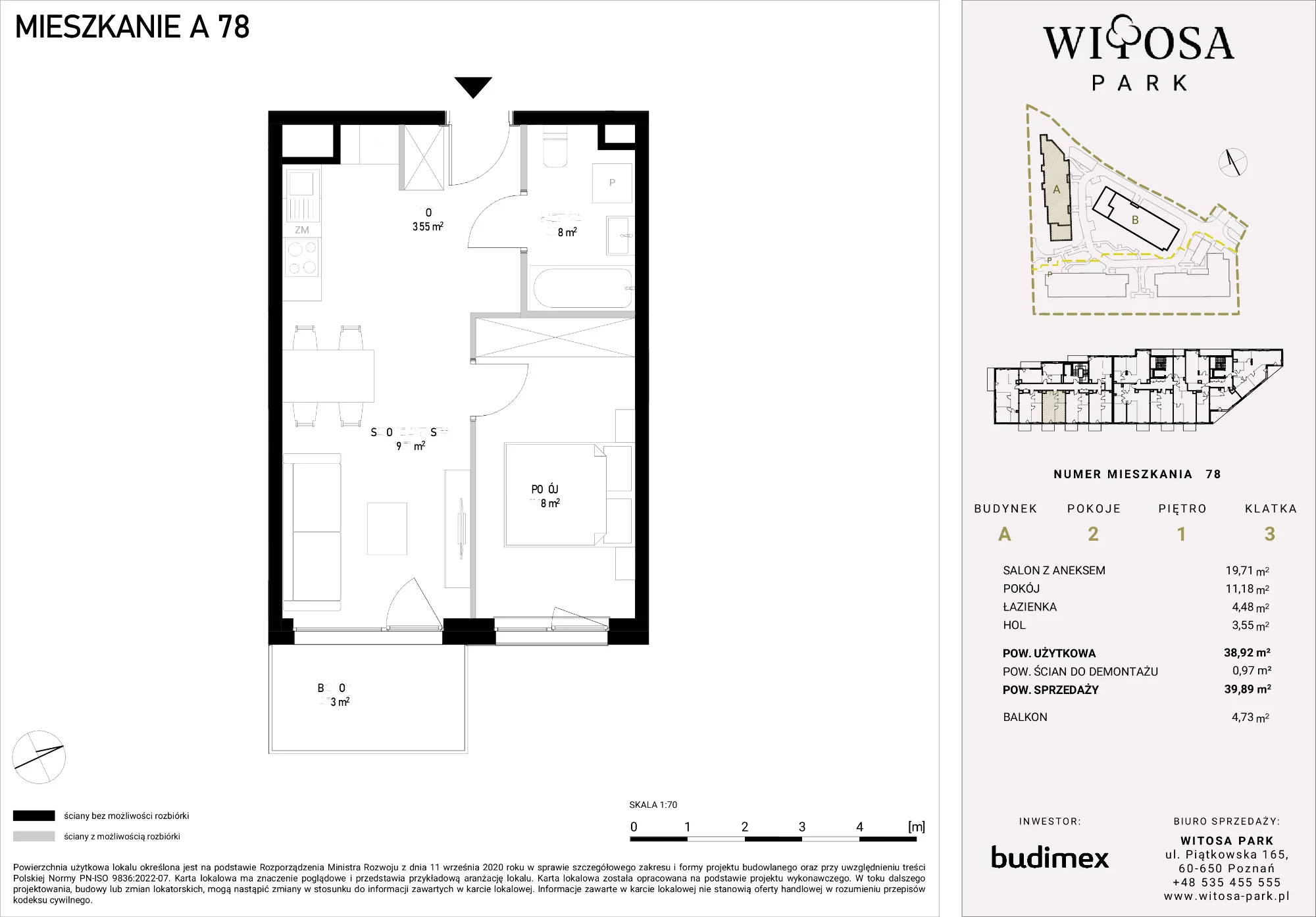 2 pokoje, mieszkanie 39,89 m², piętro 1, oferta nr A/78, Witosa Park, Poznań, Winiary, Winiary, ul. Piątkowska 165 A-B