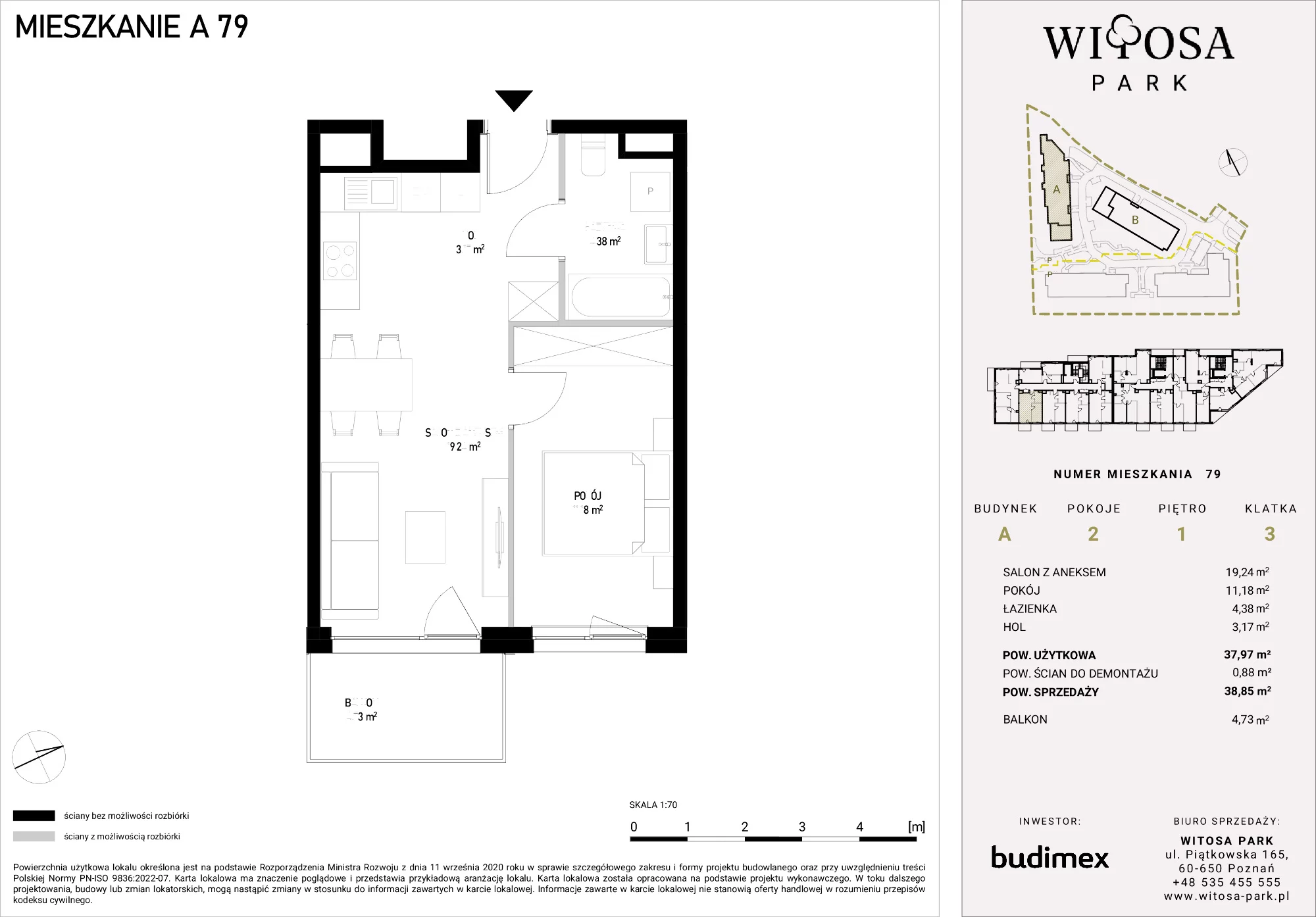 2 pokoje, mieszkanie 38,85 m², piętro 1, oferta nr A/79, Witosa Park, Poznań, Winiary, Winiary, ul. Piątkowska 165 A-B