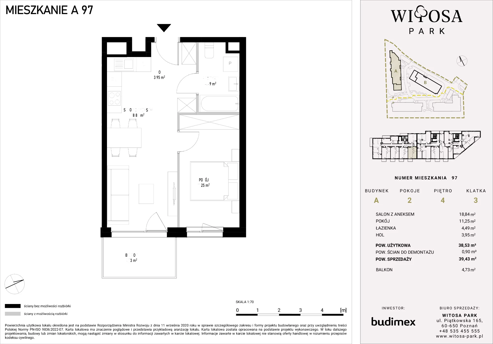 2 pokoje, mieszkanie 39,43 m², piętro 4, oferta nr A/97, Witosa Park, Poznań, Winiary, Winiary, ul. Piątkowska 165 A-B