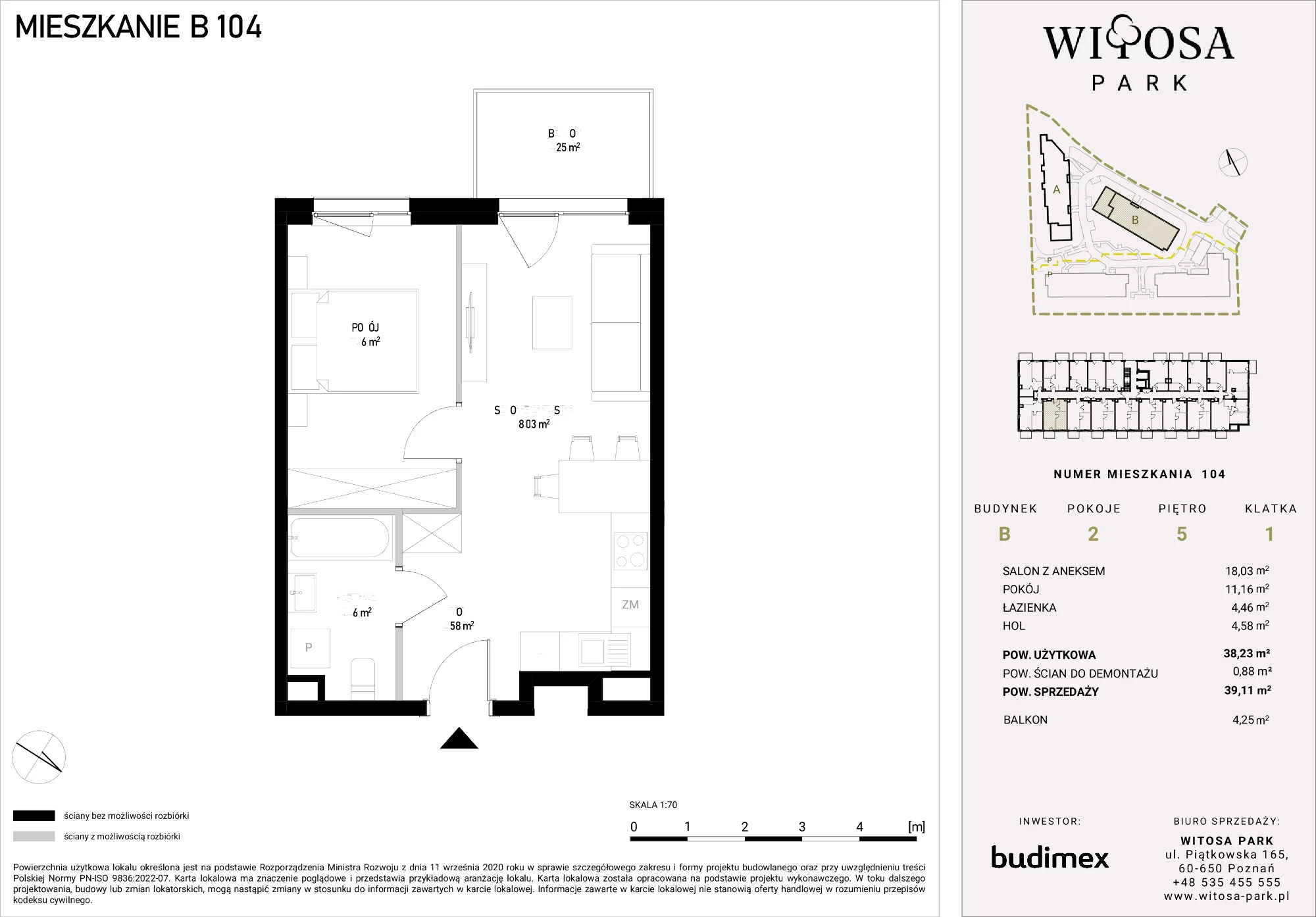 2 pokoje, mieszkanie 39,11 m², piętro 5, oferta nr B/104, Witosa Park, Poznań, Winiary, Winiary, ul. Piątkowska 165 A-B