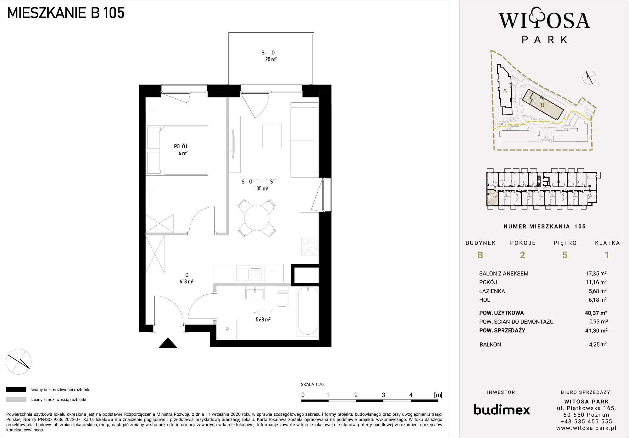 2 pokoje, mieszkanie 41,30 m², piętro 5, oferta nr B/105, Witosa Park, Poznań, Winiary, Winiary, ul. Piątkowska 165 A-B