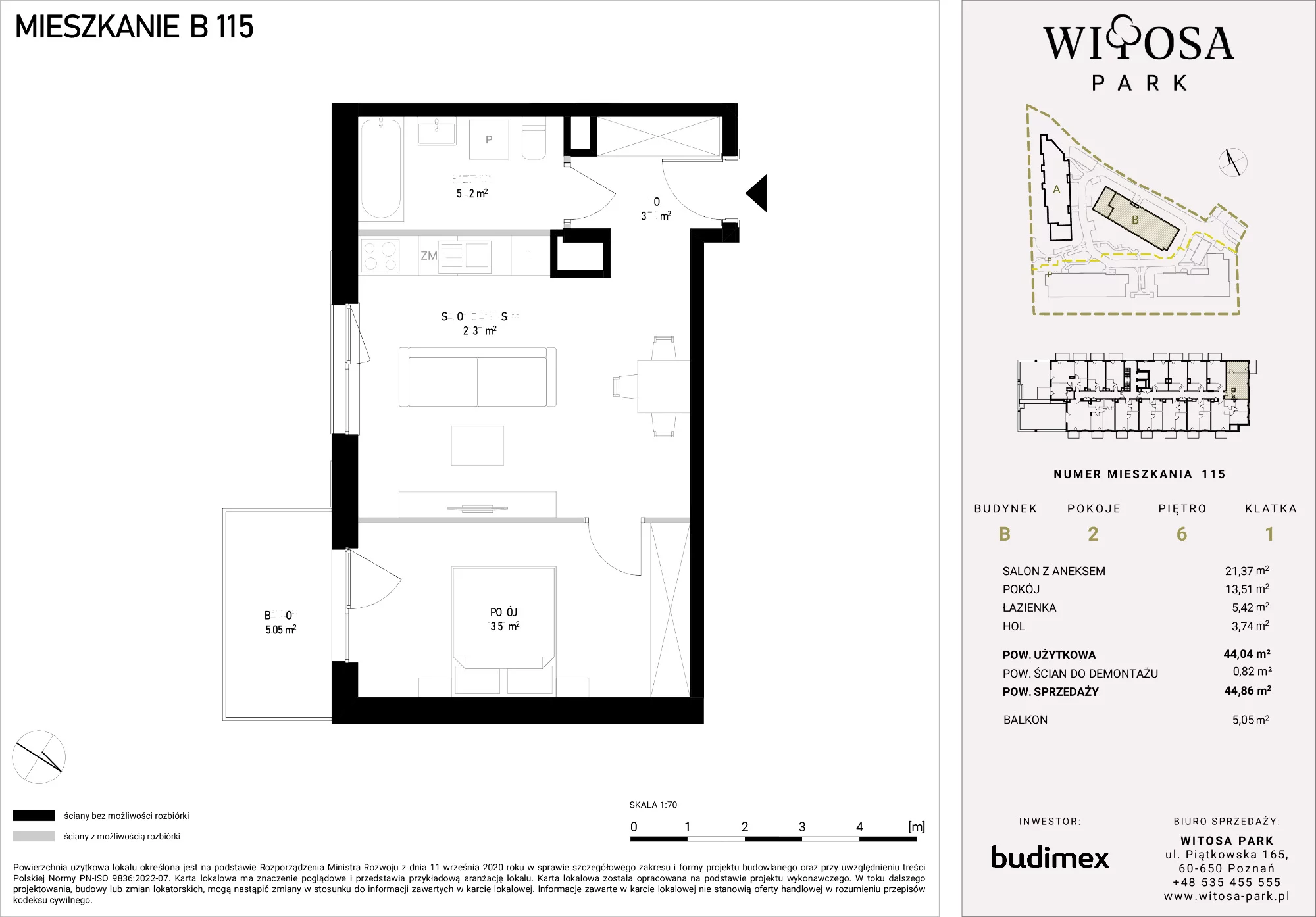2 pokoje, mieszkanie 44,86 m², piętro 6, oferta nr B/115, Witosa Park, Poznań, Winiary, Winiary, ul. Piątkowska 165 A-B
