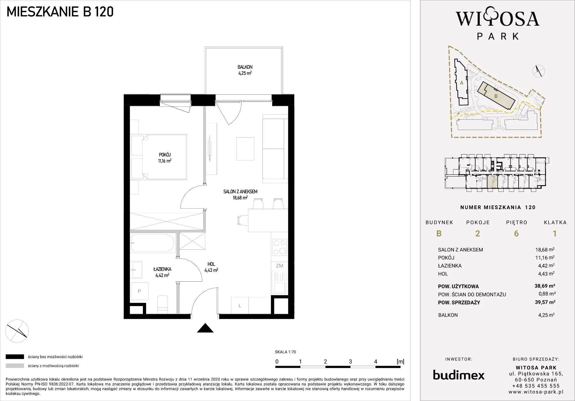 2 pokoje, mieszkanie 39,57 m², piętro 6, oferta nr B/120, Witosa Park, Poznań, Winiary, Winiary, ul. Piątkowska 165 A-B