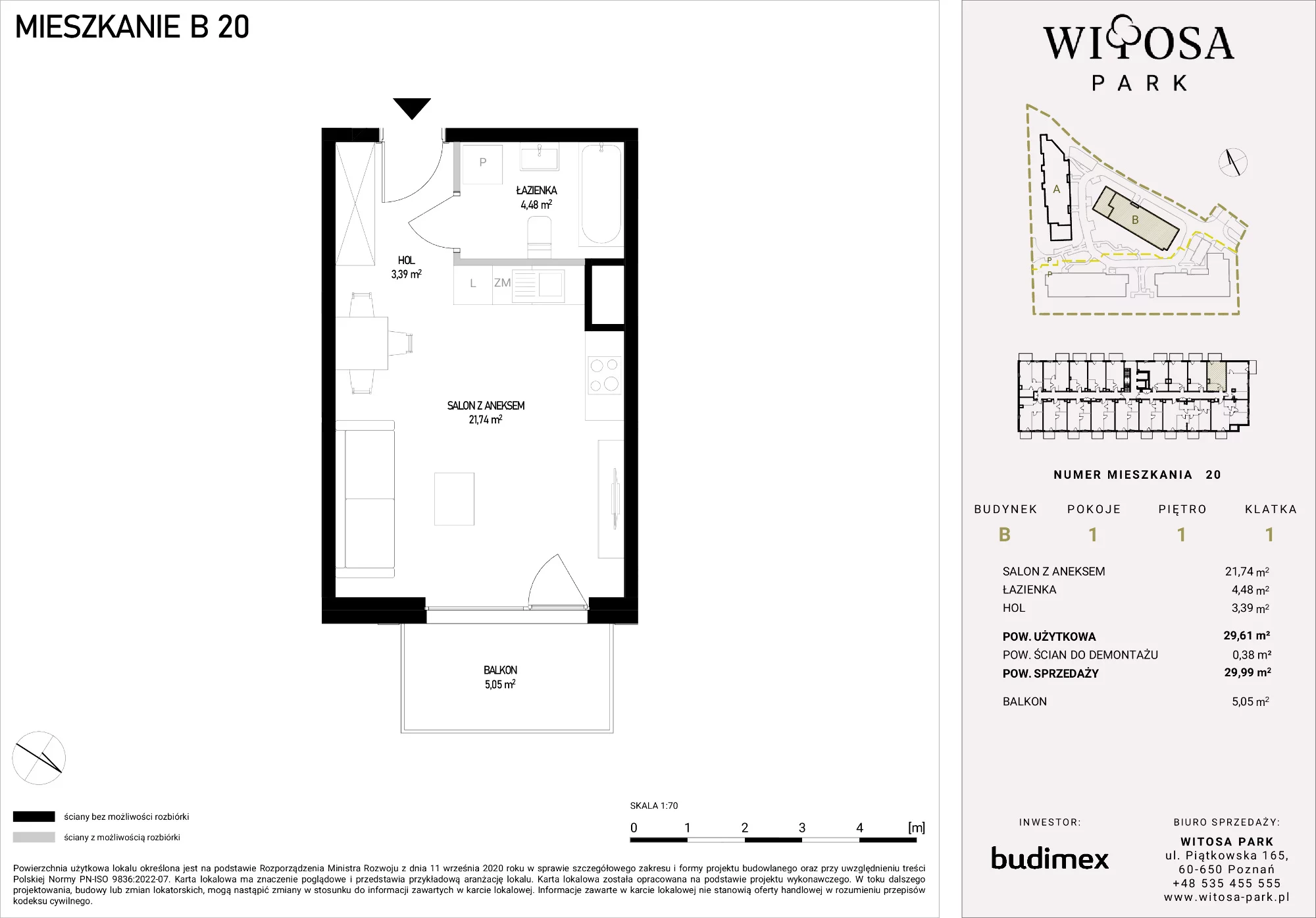 Mieszkanie 29,99 m², piętro 1, oferta nr B/20, Witosa Park, Poznań, Winiary, Winiary, ul. Piątkowska 165 A-B