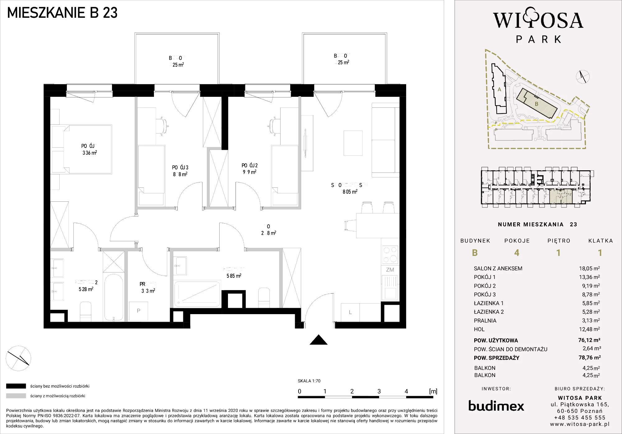 4 pokoje, mieszkanie 78,76 m², piętro 1, oferta nr B/23, Witosa Park, Poznań, Winiary, Winiary, ul. Piątkowska 165 A-B