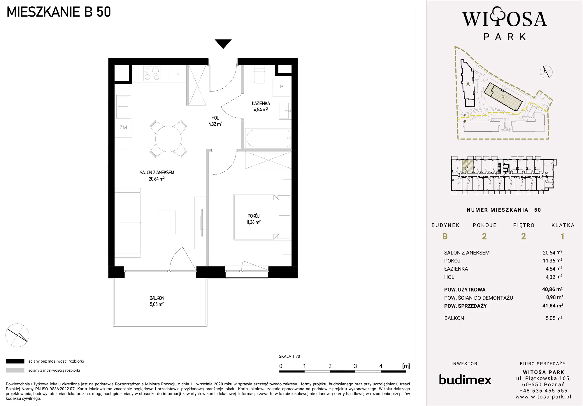 2 pokoje, mieszkanie 41,84 m², piętro 2, oferta nr B/50, Witosa Park, Poznań, Winiary, Winiary, ul. Piątkowska 165 A-B