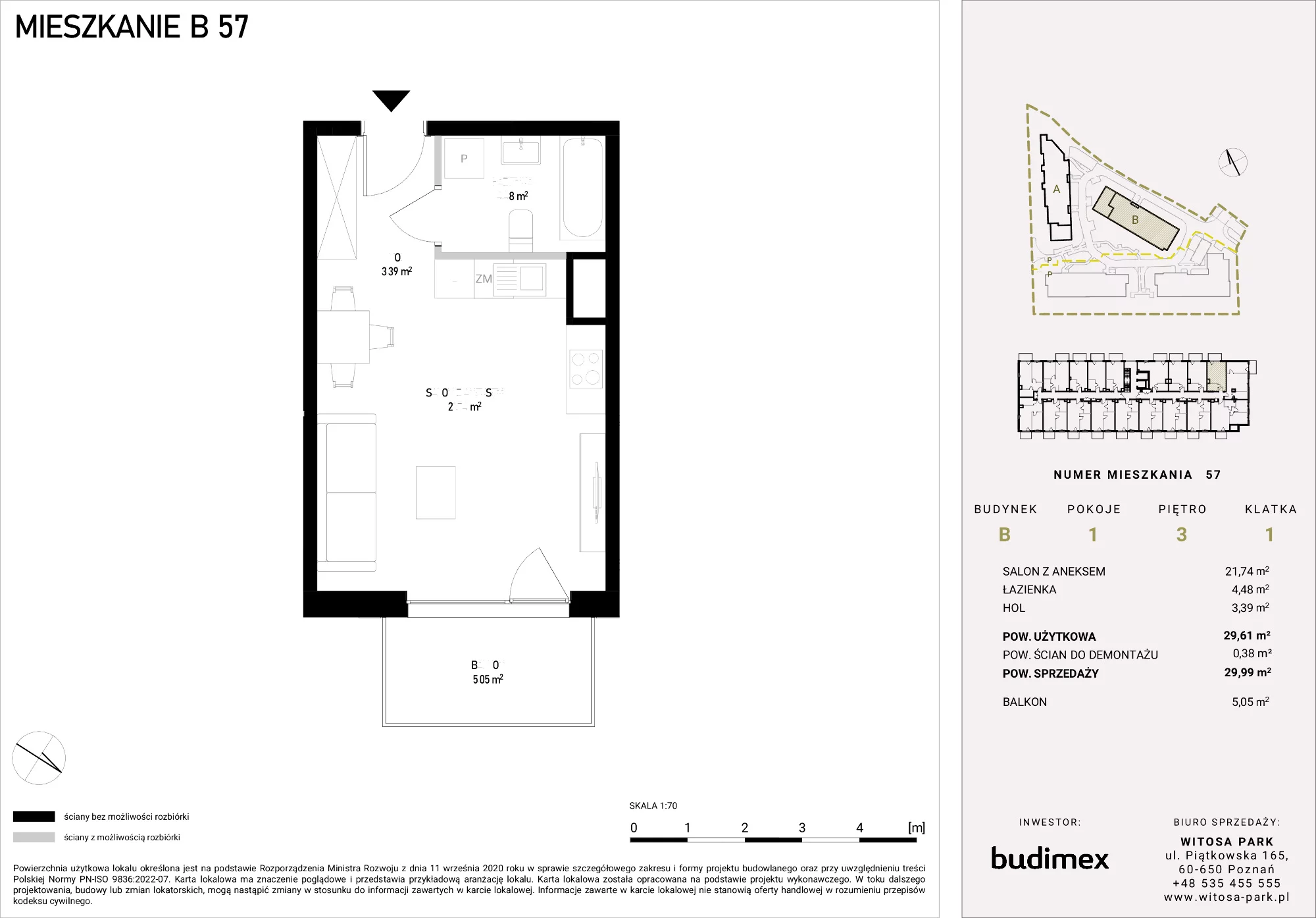 Mieszkanie 29,99 m², piętro 3, oferta nr B/57, Witosa Park, Poznań, Winiary, Winiary, ul. Piątkowska 165 A-B