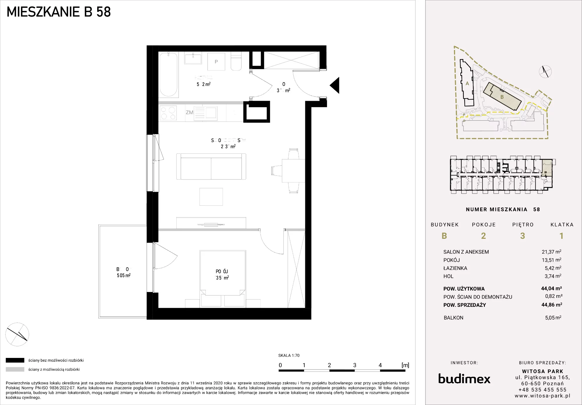 2 pokoje, mieszkanie 44,86 m², piętro 3, oferta nr B/58, Witosa Park, Poznań, Winiary, Winiary, ul. Piątkowska 165 A-B