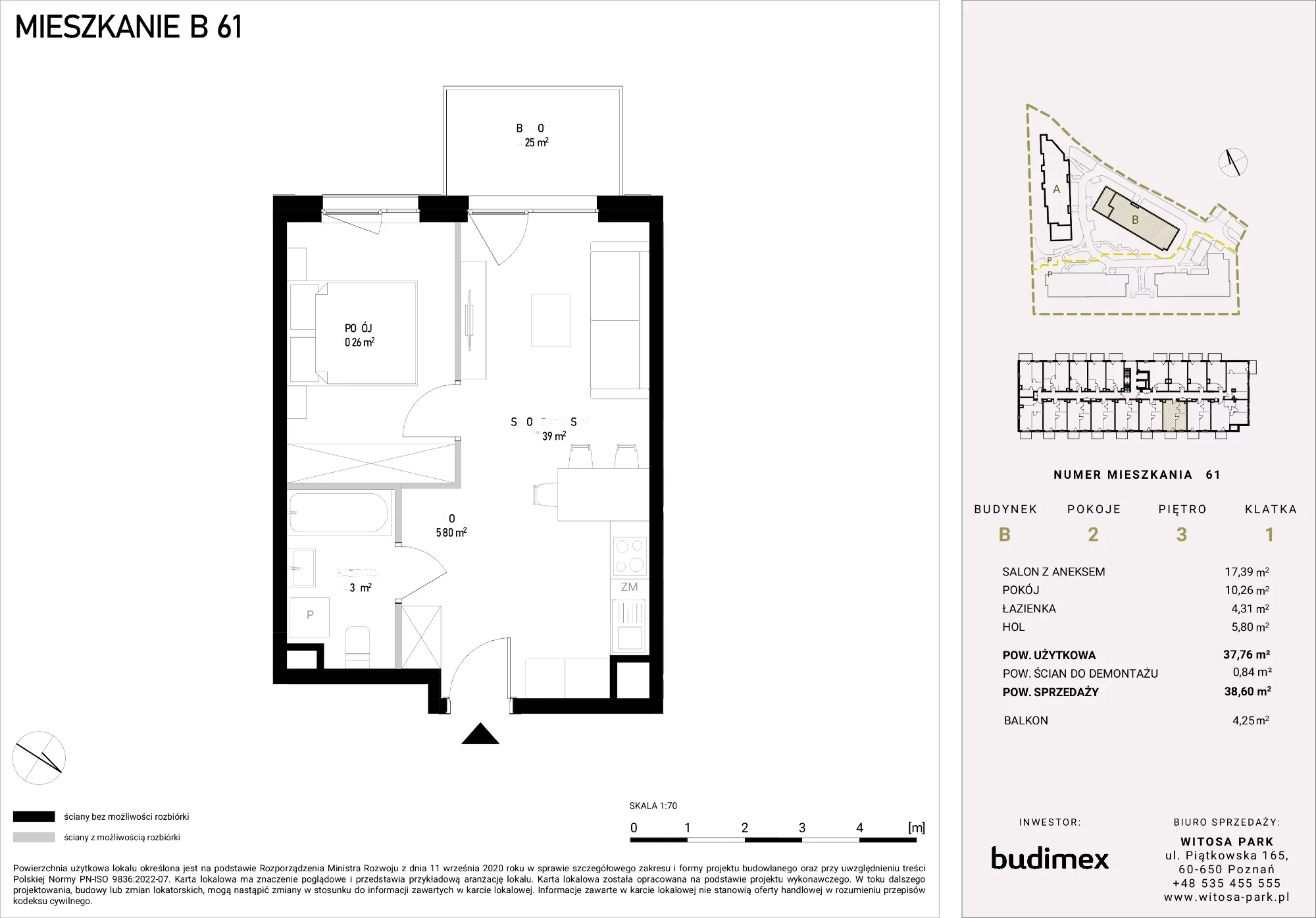 2 pokoje, mieszkanie 38,60 m², piętro 3, oferta nr B/61, Witosa Park, Poznań, Winiary, Winiary, ul. Piątkowska 165 A-B
