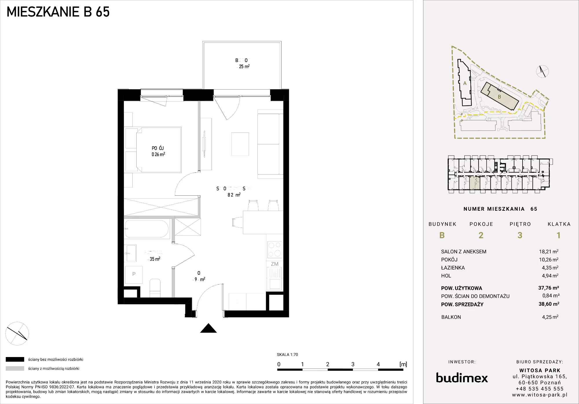 2 pokoje, mieszkanie 38,60 m², piętro 3, oferta nr B/65, Witosa Park, Poznań, Winiary, Winiary, ul. Piątkowska 165 A-B