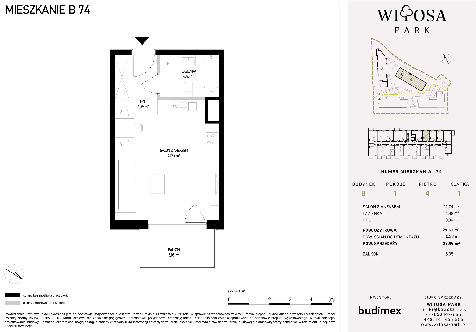 Mieszkanie 29,99 m², piętro 4, oferta nr B/74, Witosa Park, Poznań, Winiary, Winiary, ul. Piątkowska 165 A-B