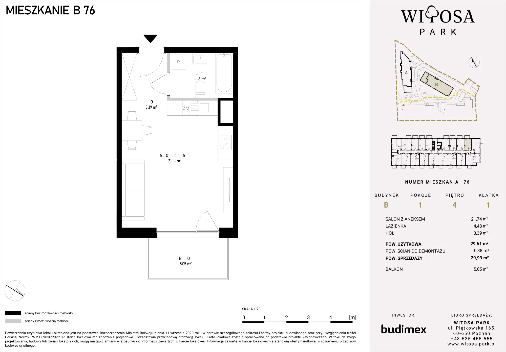 Mieszkanie 29,99 m², piętro 4, oferta nr B/76, Witosa Park, Poznań, Winiary, Winiary, ul. Piątkowska 165 A-B