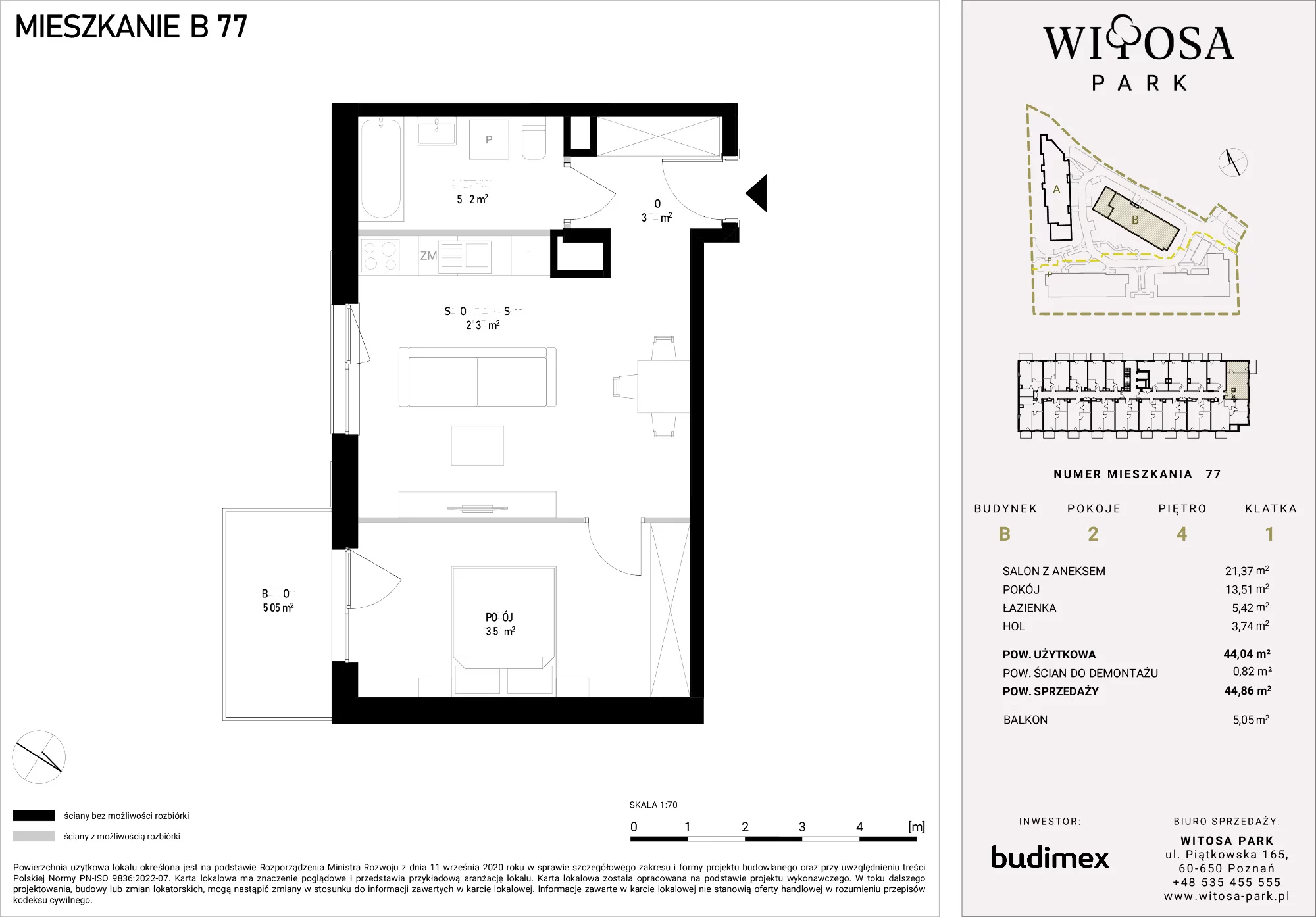 2 pokoje, mieszkanie 44,86 m², piętro 4, oferta nr B/77, Witosa Park, Poznań, Winiary, Winiary, ul. Piątkowska 165 A-B