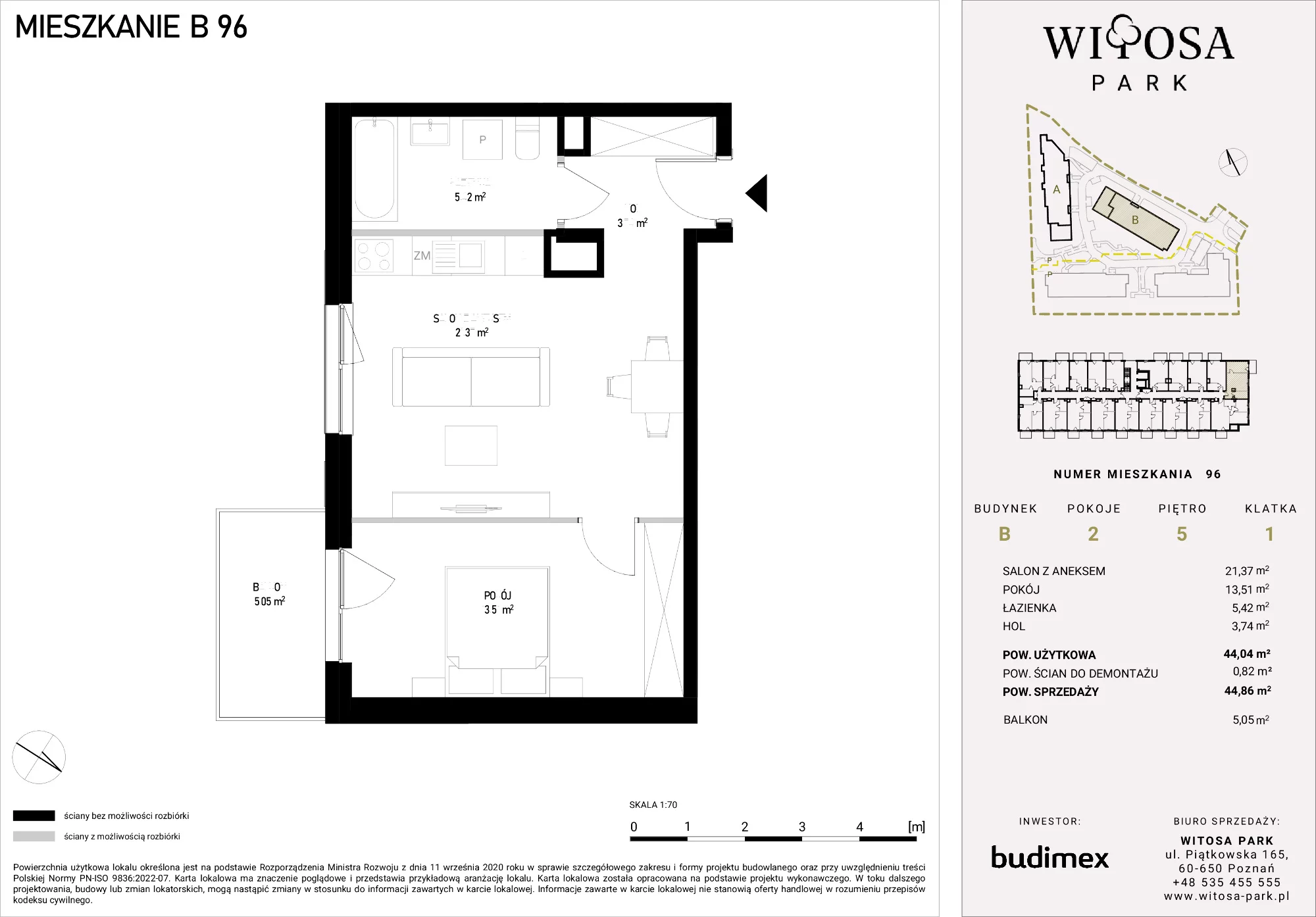 2 pokoje, mieszkanie 44,86 m², piętro 5, oferta nr B/96, Witosa Park, Poznań, Winiary, Winiary, ul. Piątkowska 165 A-B
