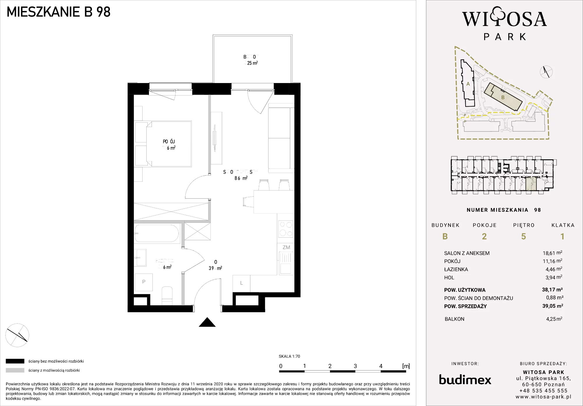 2 pokoje, mieszkanie 39,05 m², piętro 5, oferta nr B/98, Witosa Park, Poznań, Winiary, Winiary, ul. Piątkowska 165 A-B