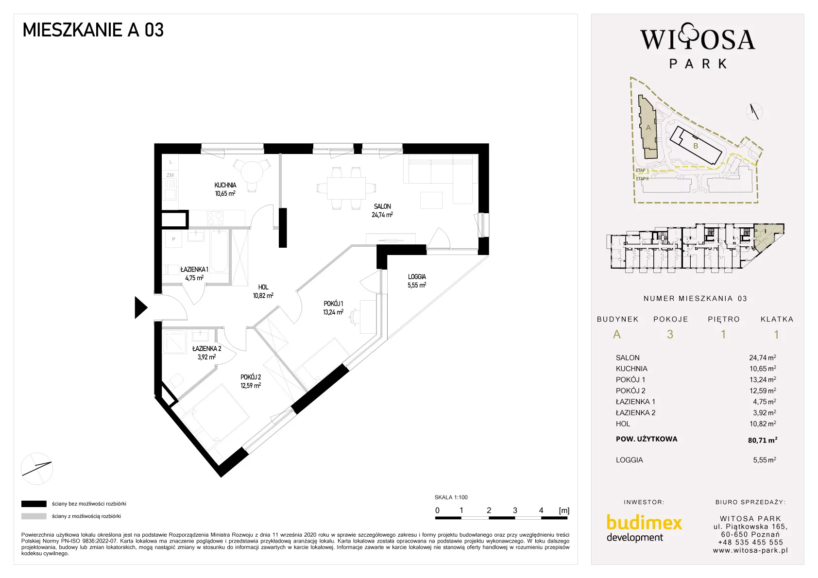 3 pokoje, mieszkanie 80,71 m², piętro 1, oferta nr A/3, Witosa Park, Poznań, Winiary, Winiary, ul. Piątkowska 165 A-B