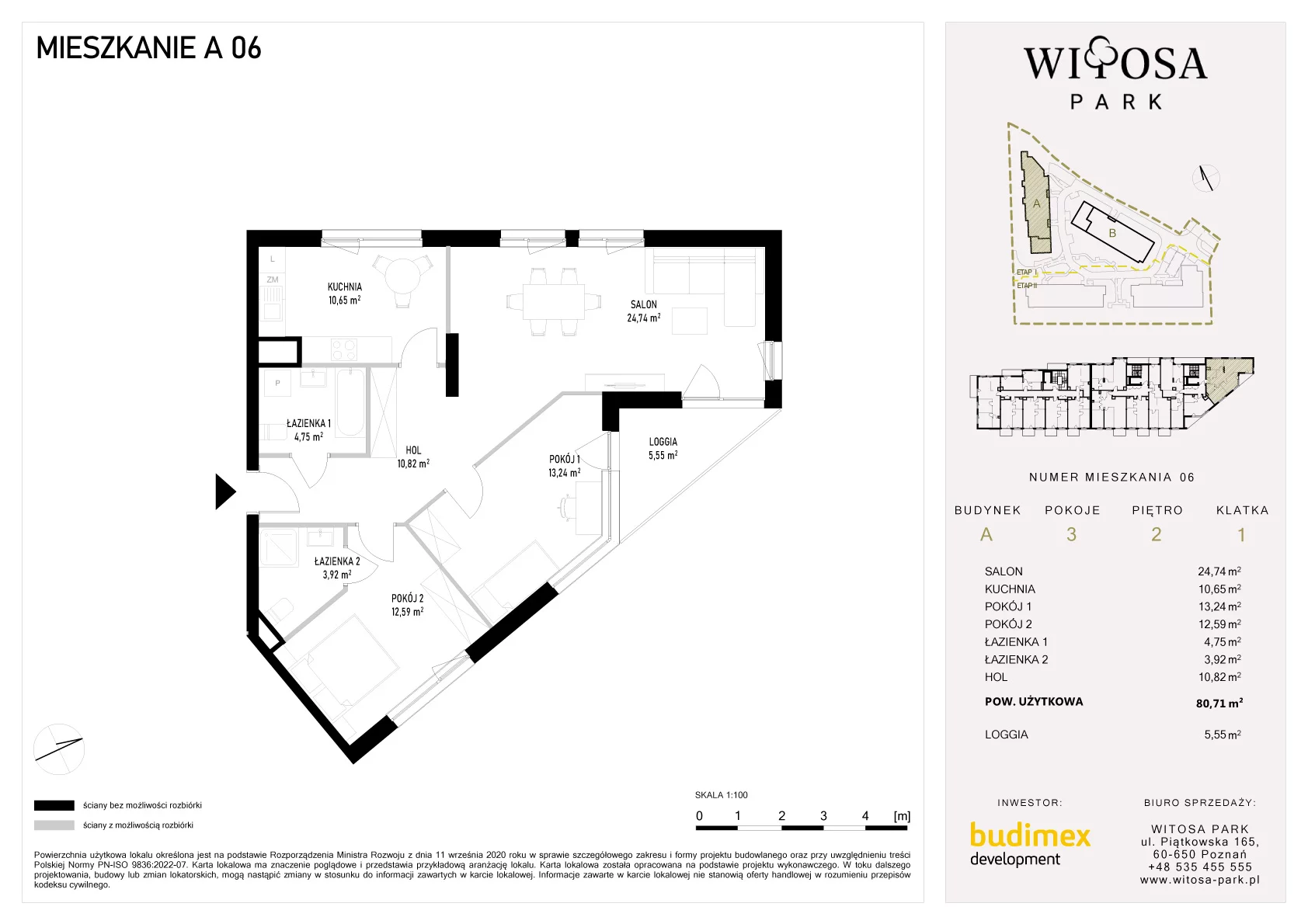 3 pokoje, mieszkanie 80,71 m², piętro 2, oferta nr A/6, Witosa Park, Poznań, Winiary, Winiary, ul. Piątkowska 165 A-B