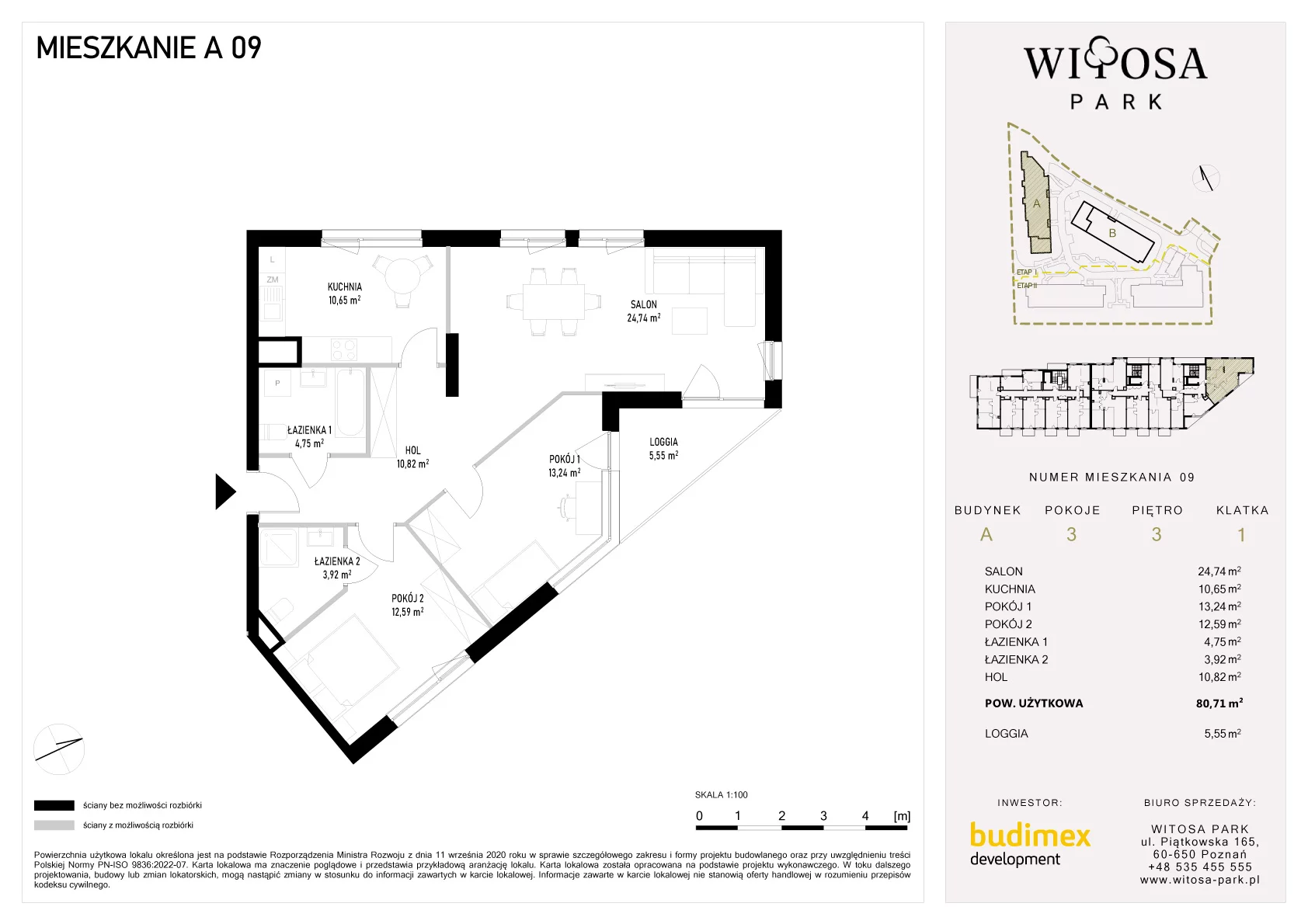 3 pokoje, mieszkanie 80,71 m², piętro 3, oferta nr A/9, Witosa Park, Poznań, Winiary, Winiary, ul. Piątkowska 165 A-B