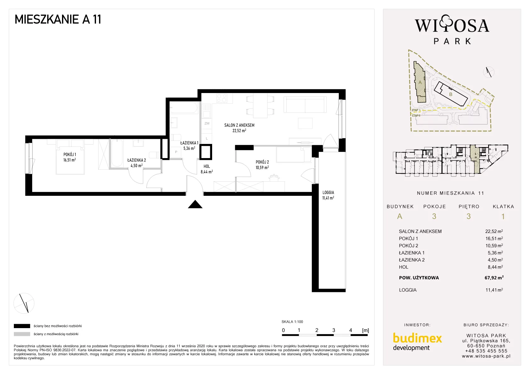 3 pokoje, mieszkanie 67,92 m², piętro 3, oferta nr A/11, Witosa Park, Poznań, Winiary, Winiary, ul. Piątkowska 165 A-B