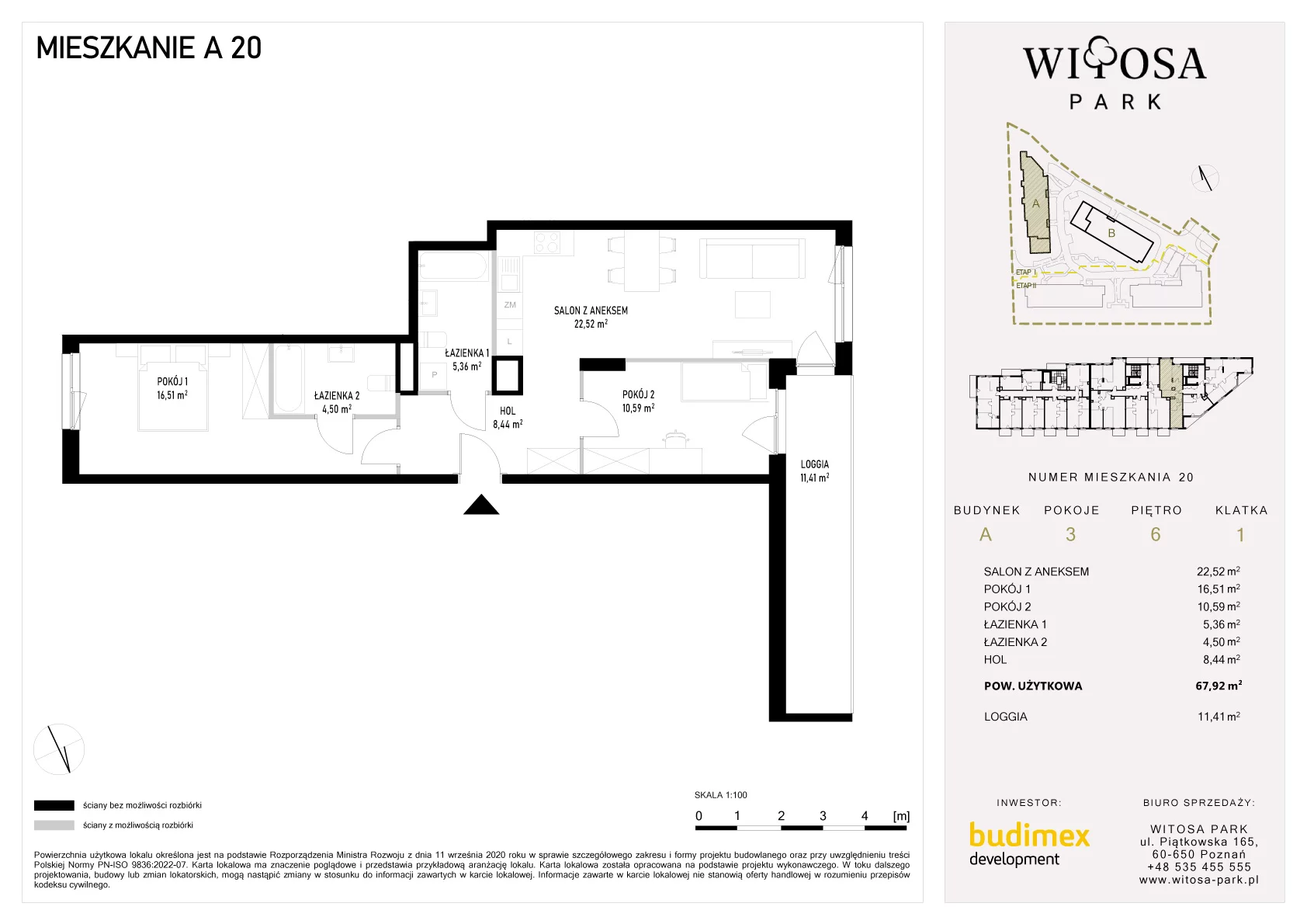 3 pokoje, mieszkanie 67,92 m², piętro 6, oferta nr A/20, Witosa Park, Poznań, Winiary, Winiary, ul. Piątkowska 165 A-B
