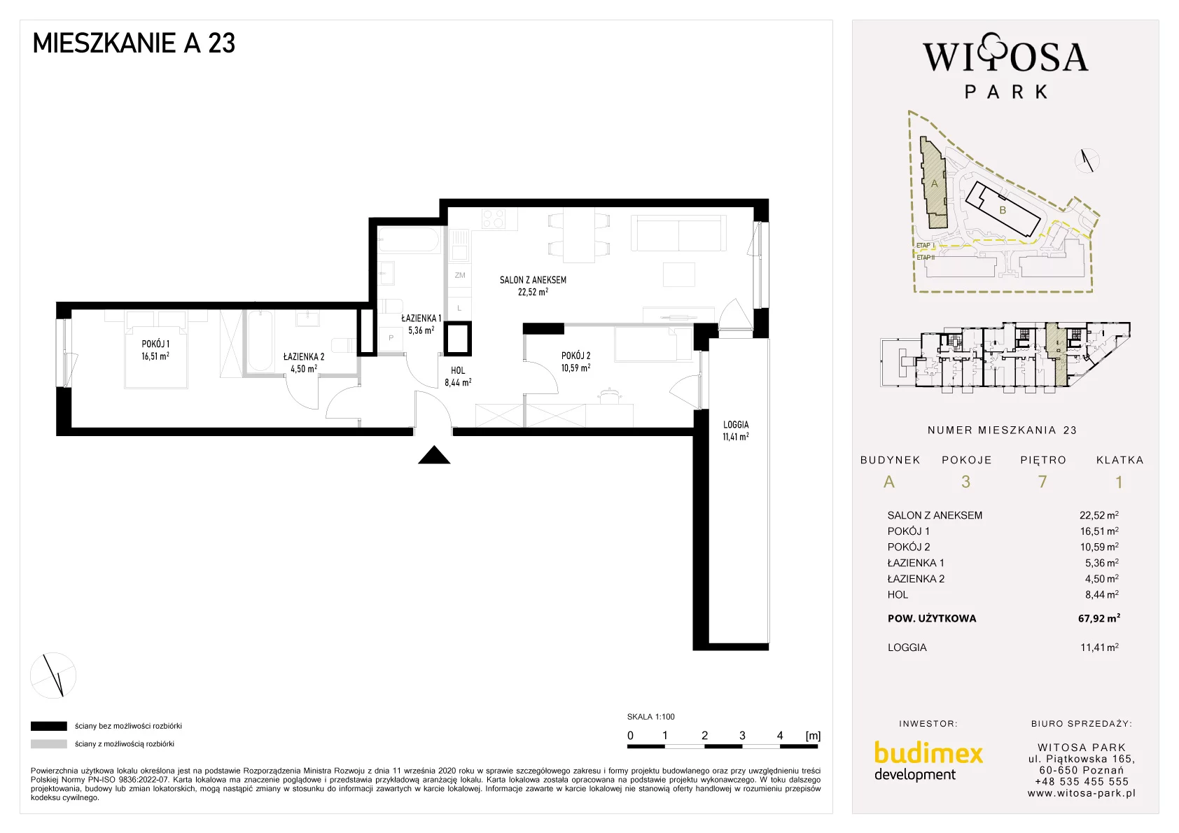 3 pokoje, mieszkanie 67,92 m², piętro 7, oferta nr A/23, Witosa Park, Poznań, Winiary, Winiary, ul. Piątkowska 165 A-B