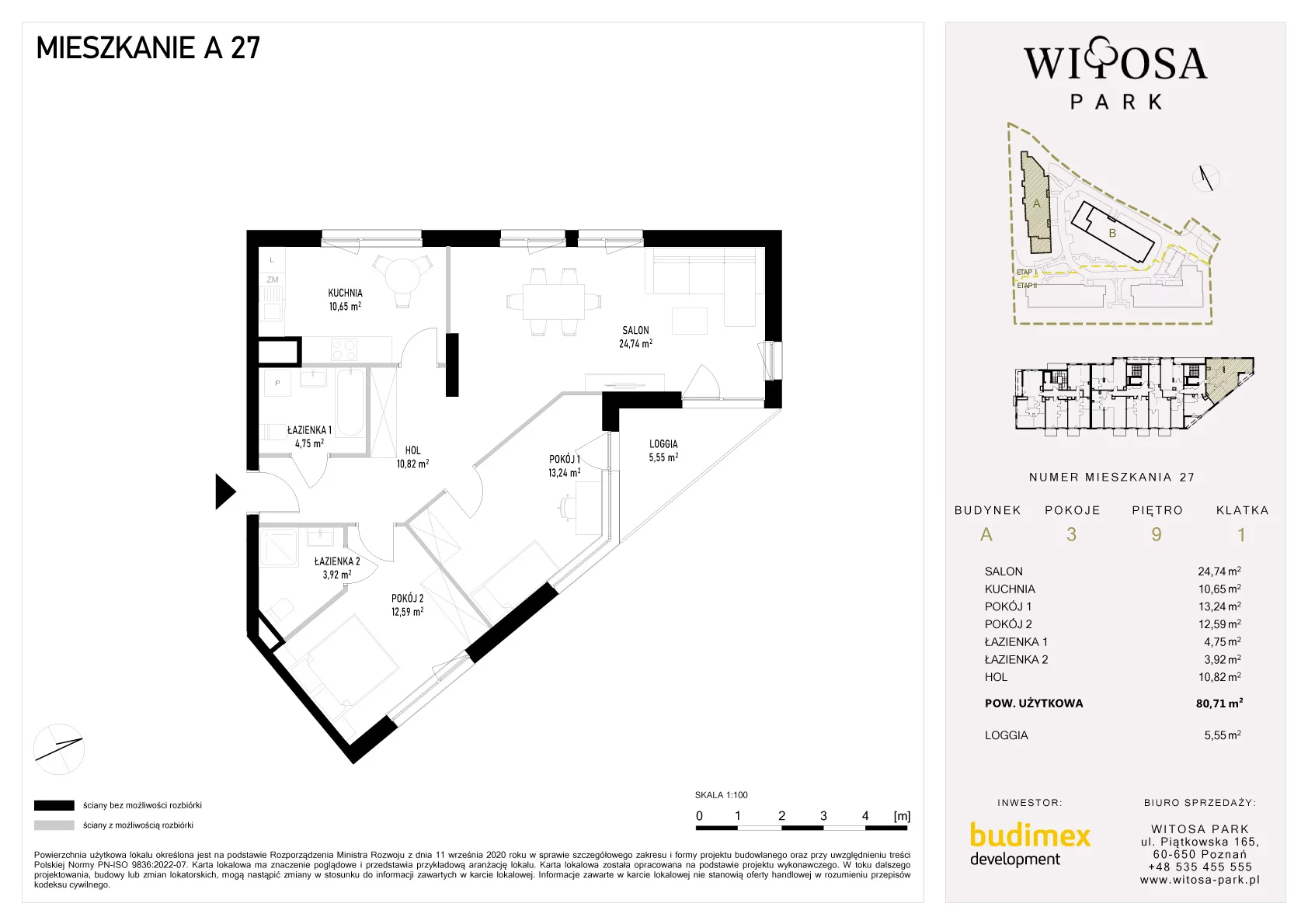 3 pokoje, mieszkanie 80,71 m², piętro 9, oferta nr A/27, Witosa Park, Poznań, Winiary, Winiary, ul. Piątkowska 165 A-B