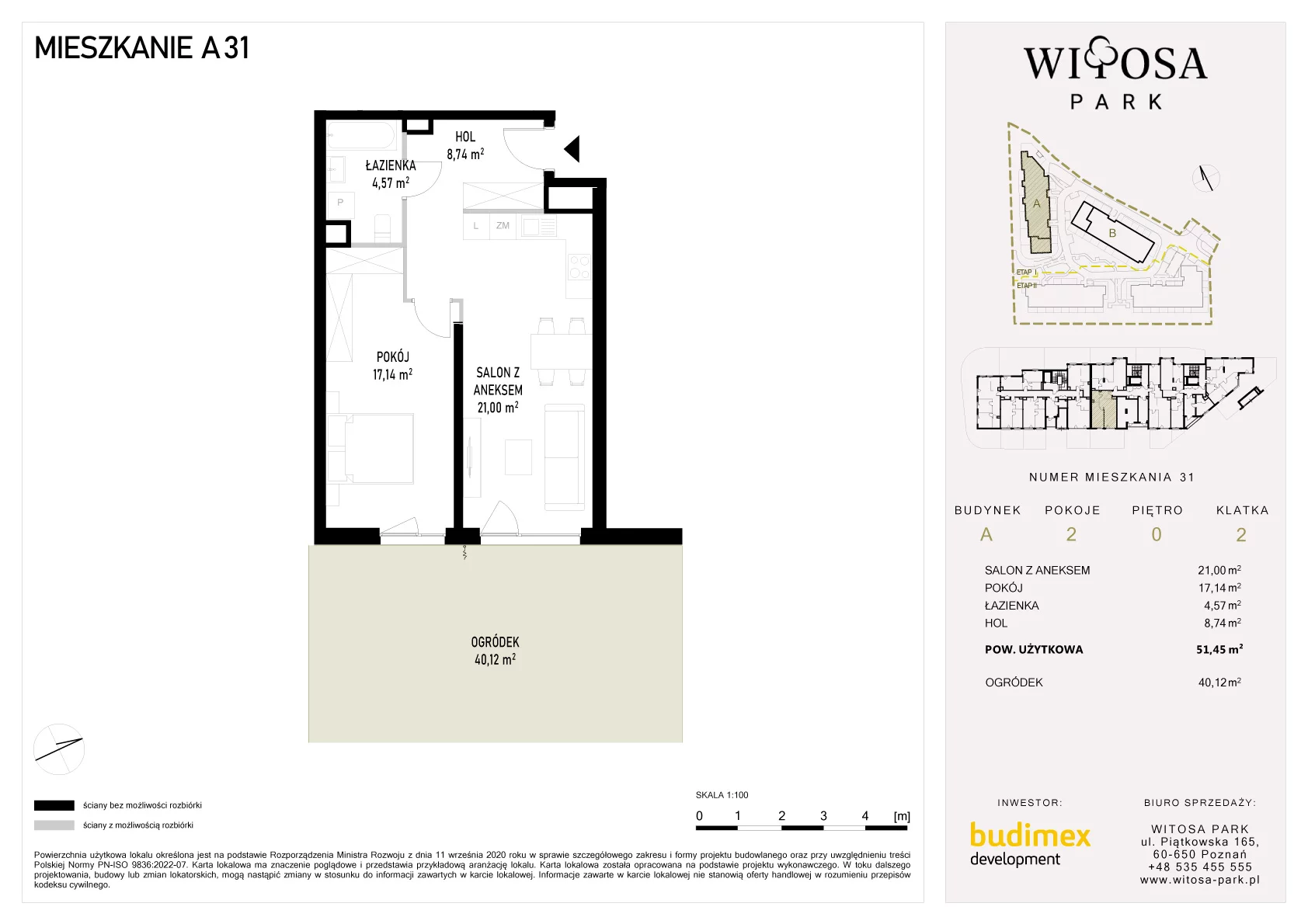 2 pokoje, mieszkanie 51,45 m², parter, oferta nr A/31, Witosa Park, Poznań, Winiary, Winiary, ul. Piątkowska 165 A-B