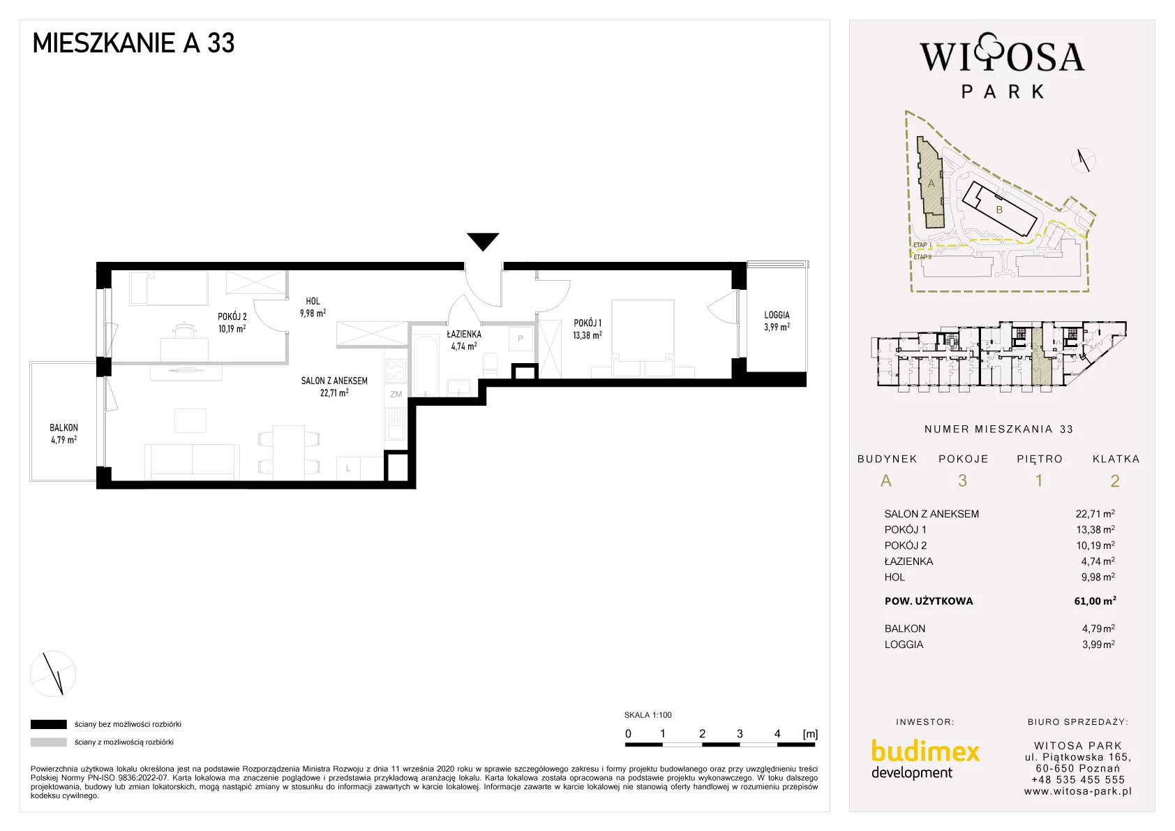 3 pokoje, mieszkanie 61,00 m², piętro 1, oferta nr A/33, Witosa Park, Poznań, Winiary, Winiary, ul. Piątkowska 165 A-B