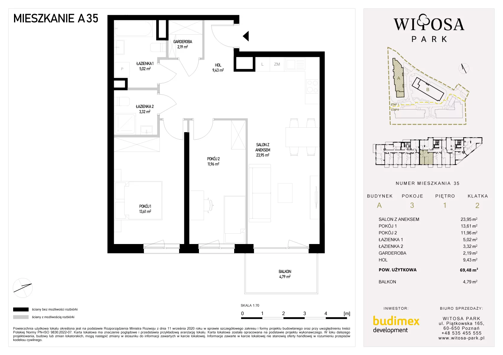 3 pokoje, mieszkanie 69,48 m², piętro 1, oferta nr A/35, Witosa Park, Poznań, Winiary, Winiary, ul. Piątkowska 165 A-B