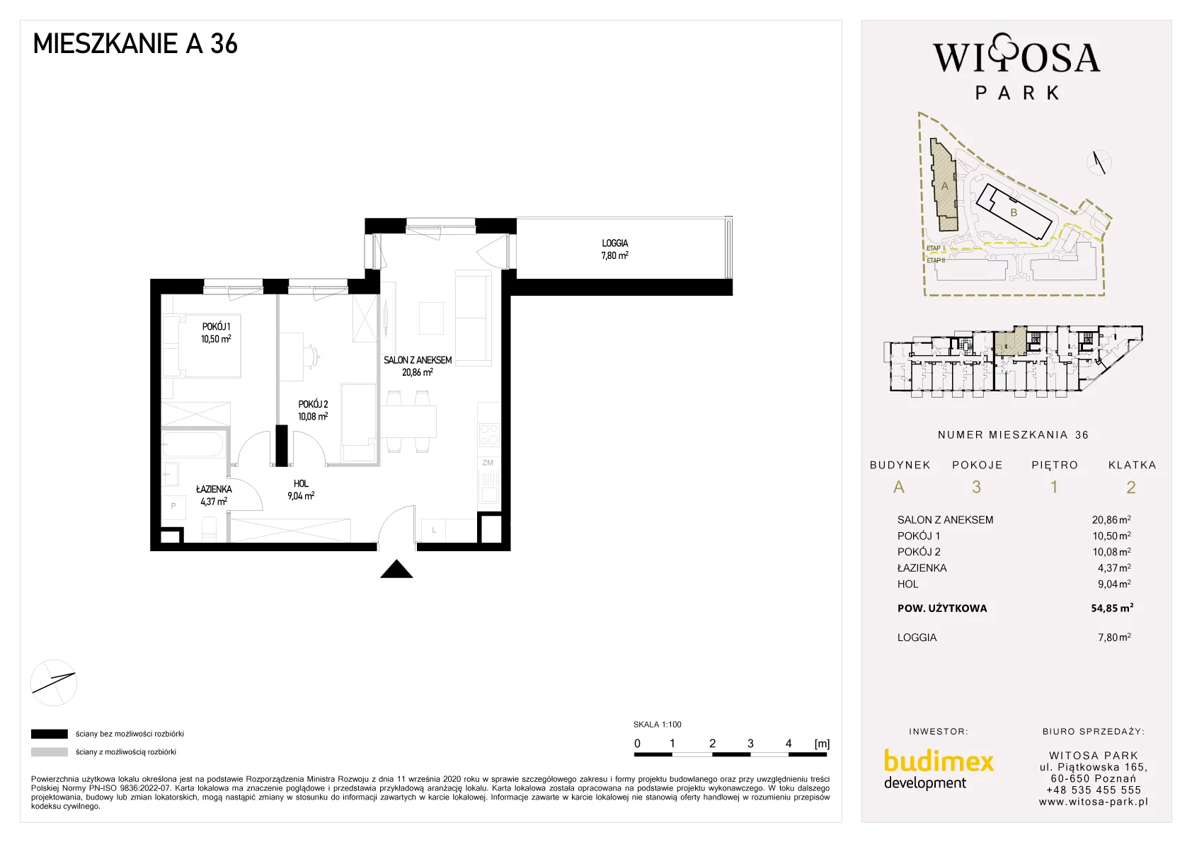 3 pokoje, mieszkanie 54,85 m², piętro 1, oferta nr A/36, Witosa Park, Poznań, Winiary, Winiary, ul. Piątkowska 165 A-B