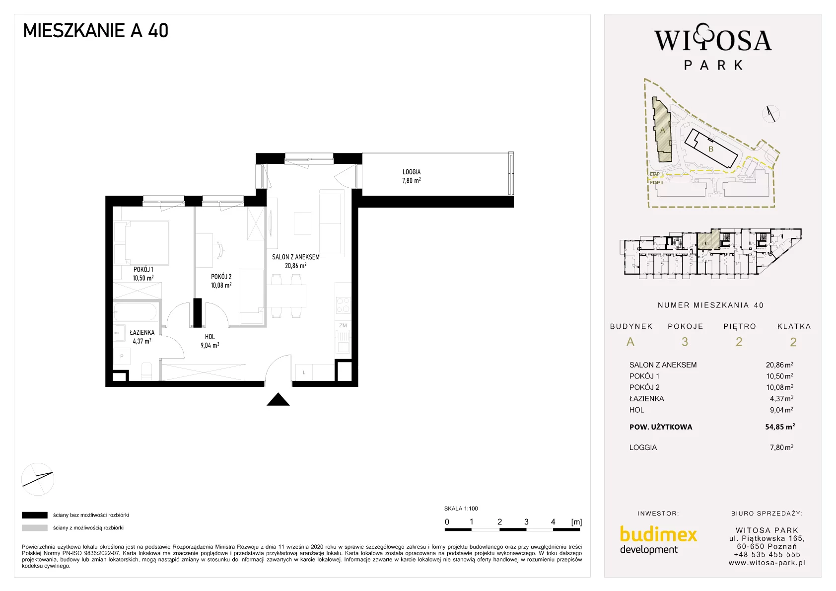 3 pokoje, mieszkanie 54,85 m², piętro 2, oferta nr A/40, Witosa Park, Poznań, Winiary, Winiary, ul. Piątkowska 165 A-B