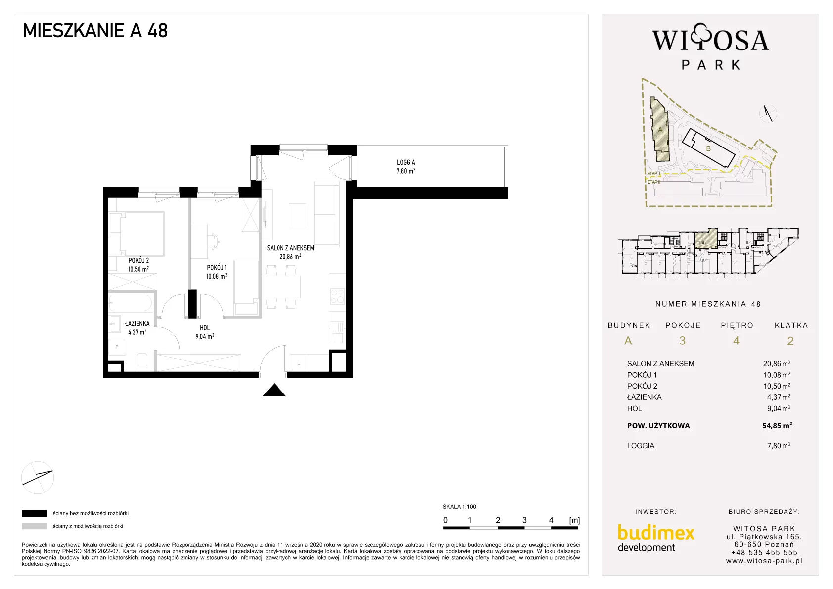 3 pokoje, mieszkanie 54,85 m², piętro 4, oferta nr A/48, Witosa Park, Poznań, Winiary, Winiary, ul. Piątkowska 165 A-B