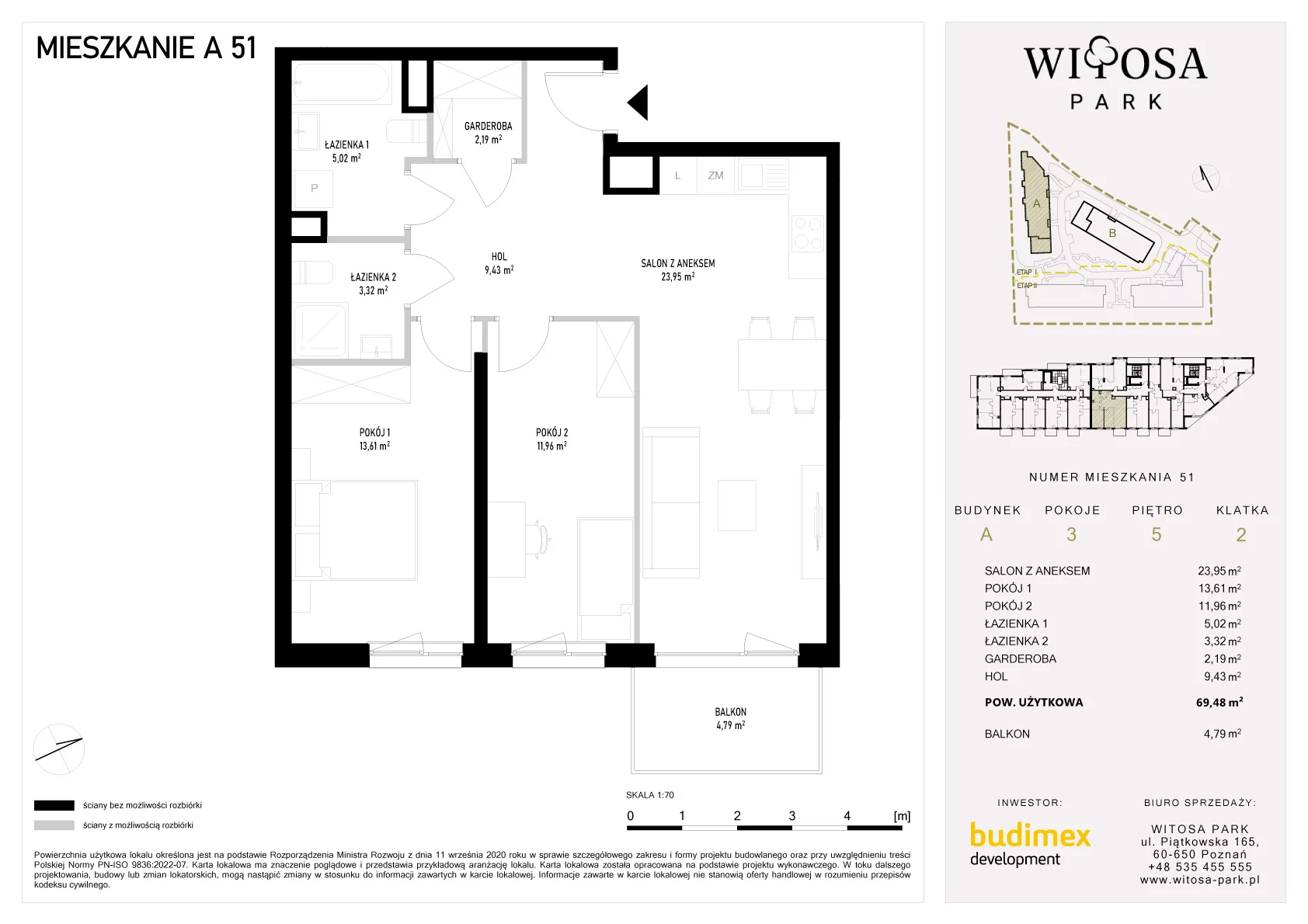3 pokoje, mieszkanie 69,48 m², piętro 5, oferta nr A/51, Witosa Park, Poznań, Winiary, Winiary, ul. Piątkowska 165 A-B