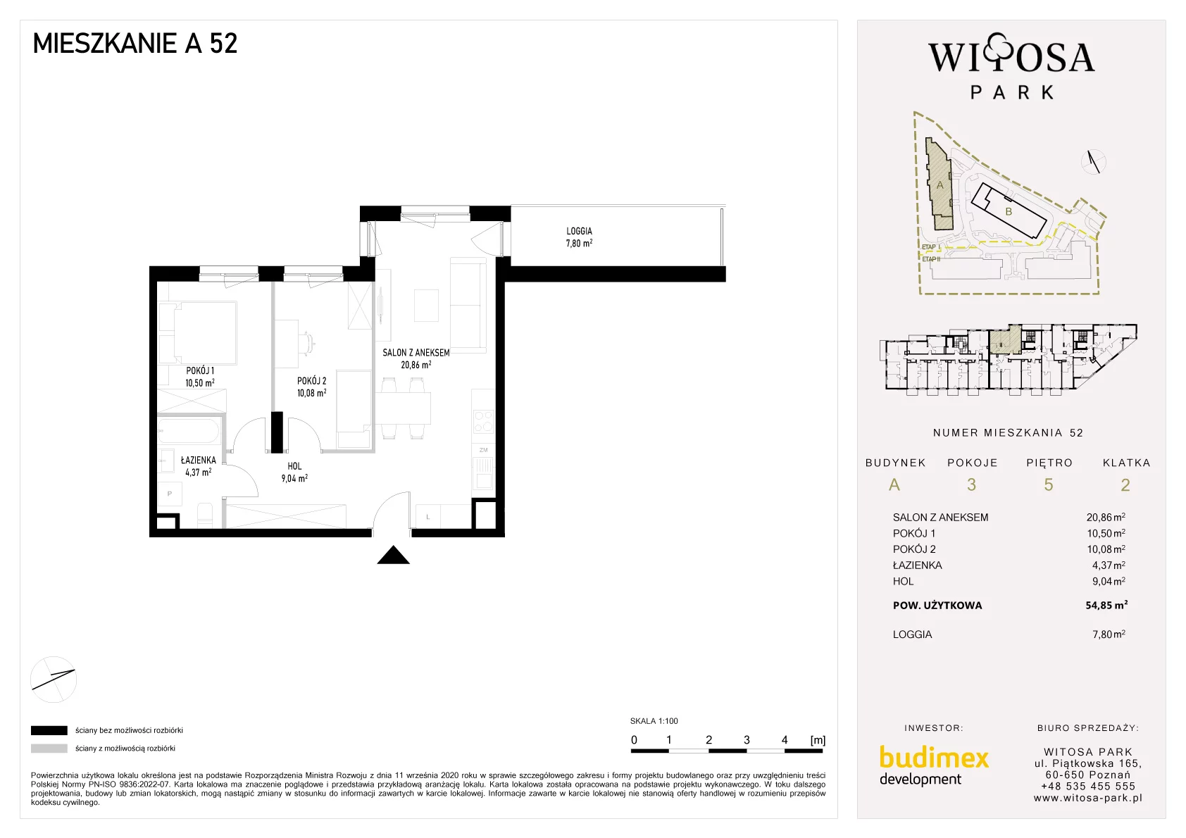 3 pokoje, mieszkanie 54,85 m², piętro 5, oferta nr A/52, Witosa Park, Poznań, Winiary, Winiary, ul. Piątkowska 165 A-B