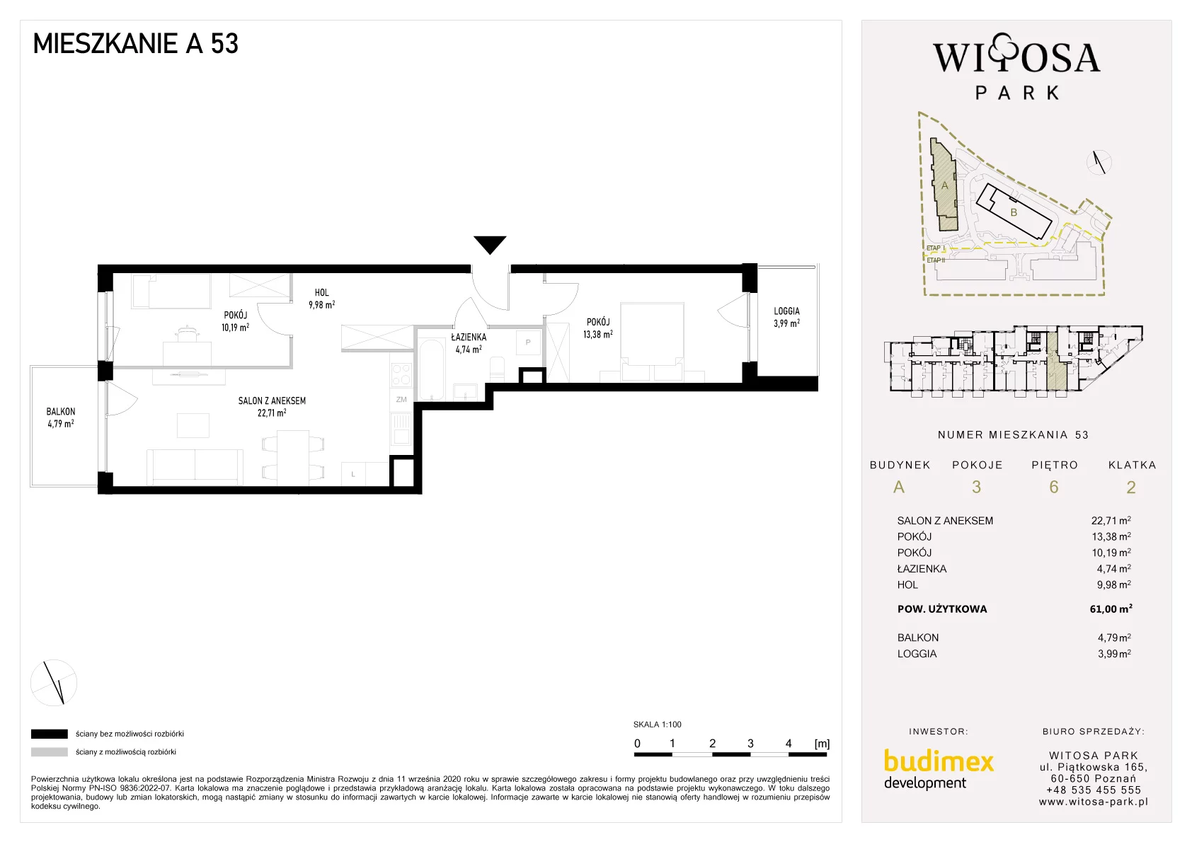 3 pokoje, mieszkanie 61,00 m², piętro 6, oferta nr A/53, Witosa Park, Poznań, Winiary, Winiary, ul. Piątkowska 165 A-B