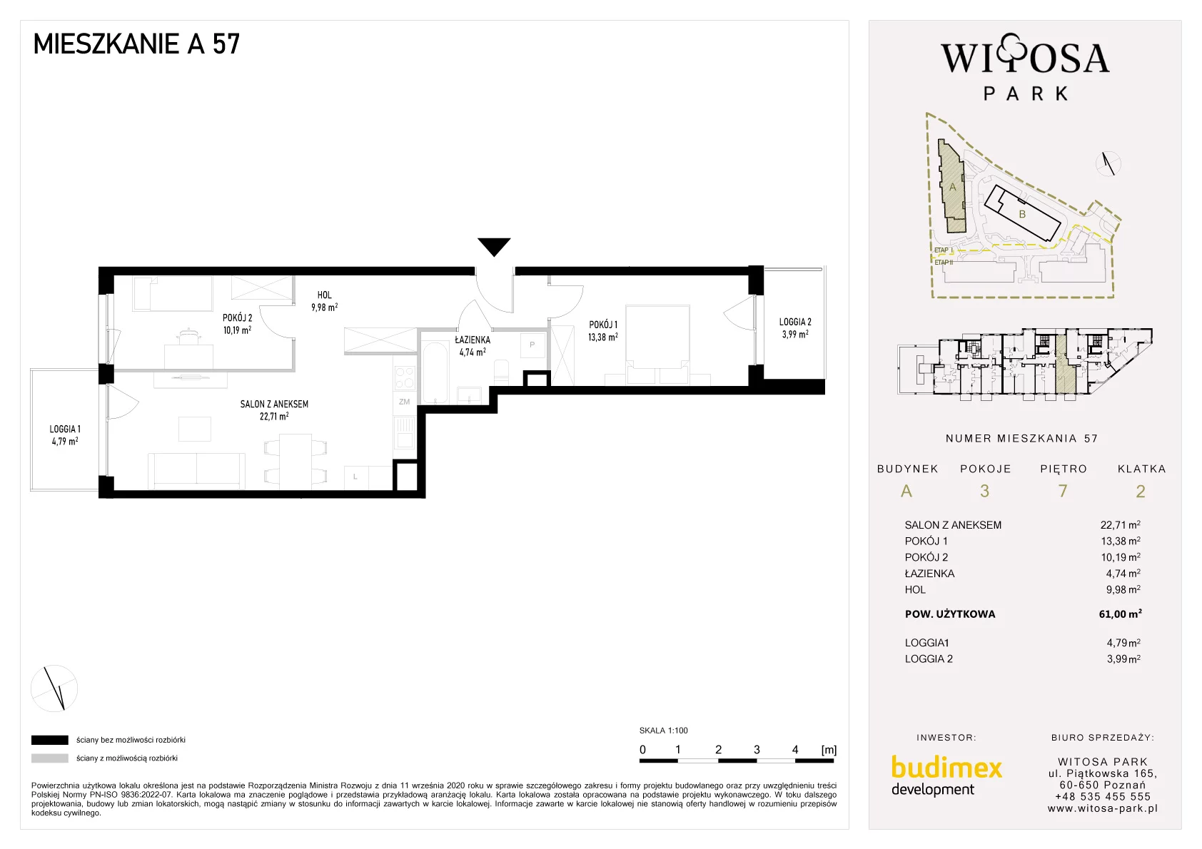 3 pokoje, mieszkanie 61,00 m², piętro 7, oferta nr A/57, Witosa Park, Poznań, Winiary, Winiary, ul. Piątkowska 165 A-B