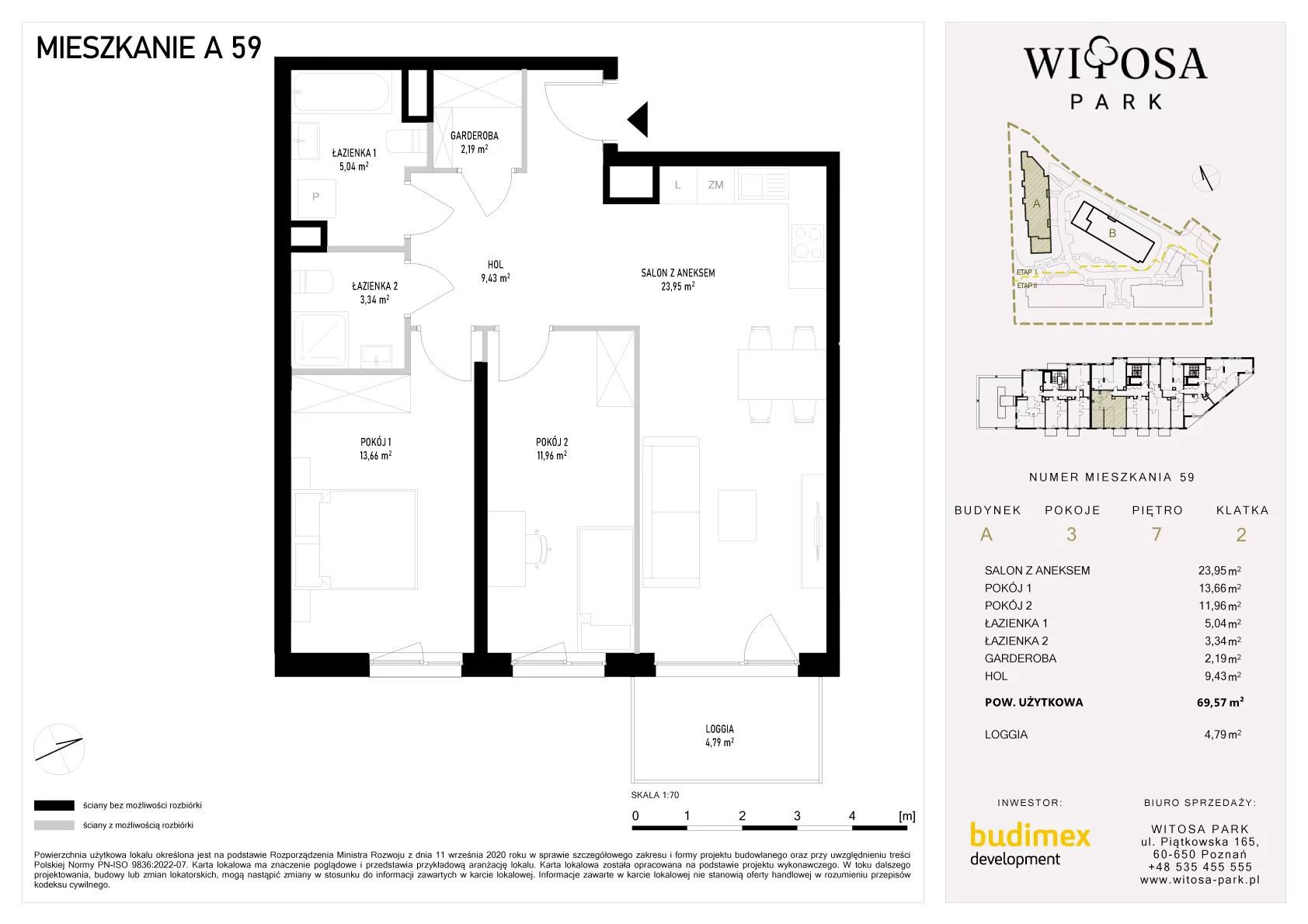 3 pokoje, mieszkanie 69,57 m², piętro 7, oferta nr A/59, Witosa Park, Poznań, Winiary, Winiary, ul. Piątkowska 165 A-B