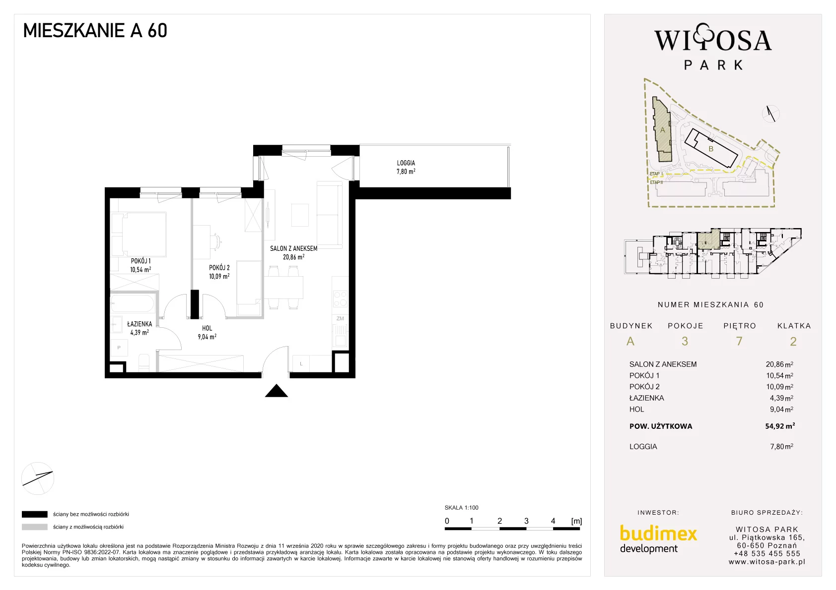 3 pokoje, mieszkanie 54,92 m², piętro 7, oferta nr A/60, Witosa Park, Poznań, Winiary, Winiary, ul. Piątkowska 165 A-B