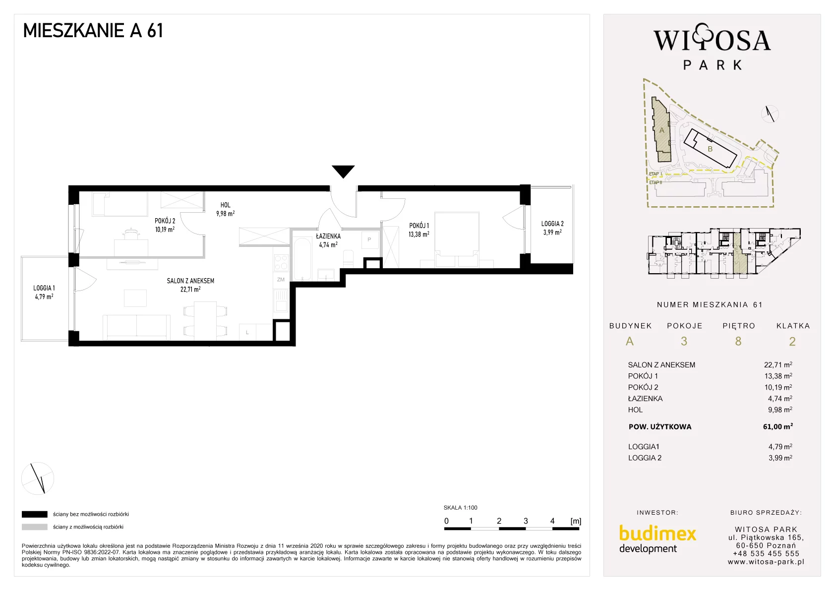 3 pokoje, mieszkanie 61,00 m², piętro 8, oferta nr A/61, Witosa Park, Poznań, Winiary, Winiary, ul. Piątkowska 165 A-B