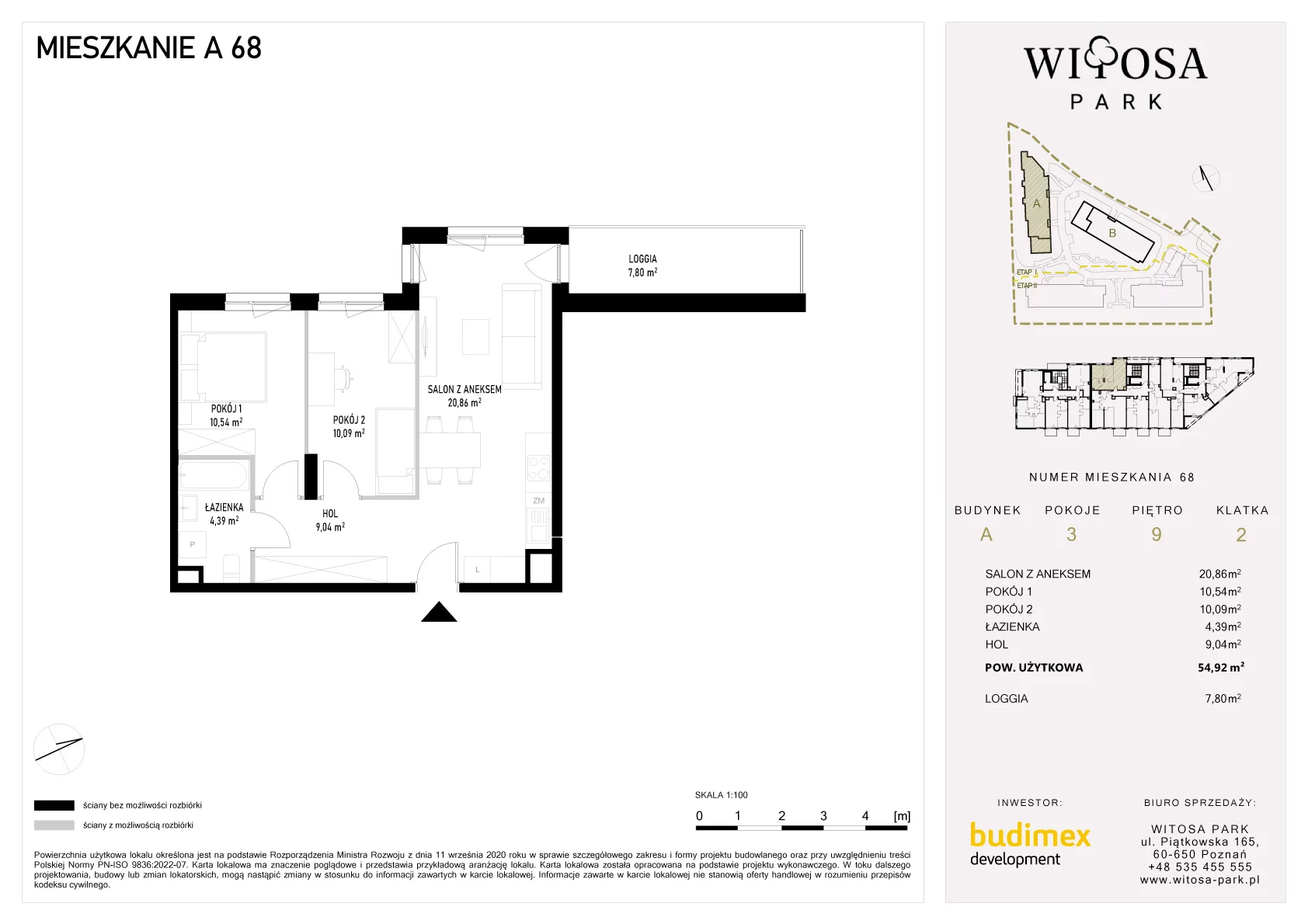 3 pokoje, mieszkanie 54,92 m², piętro 9, oferta nr A/68, Witosa Park, Poznań, Winiary, Winiary, ul. Piątkowska 165 A-B