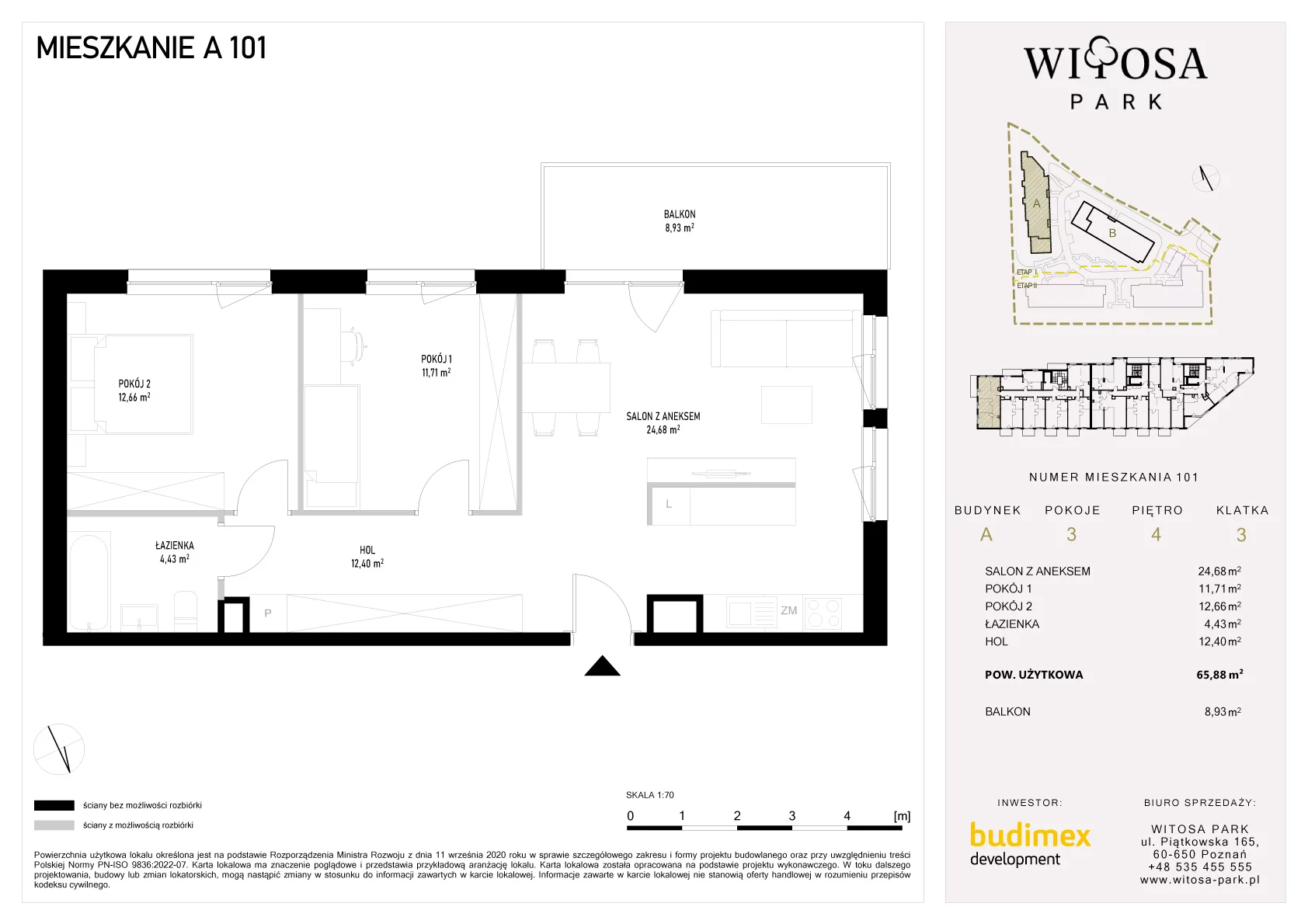 3 pokoje, mieszkanie 65,88 m², piętro 4, oferta nr A/101, Witosa Park, Poznań, Winiary, Winiary, ul. Piątkowska 165 A-B