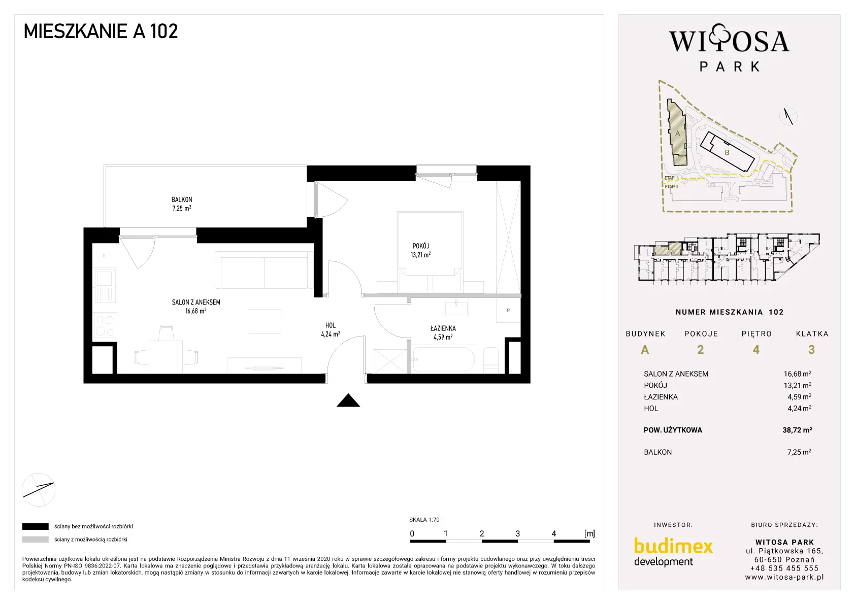 2 pokoje, mieszkanie 38,72 m², piętro 4, oferta nr A/102, Witosa Park, Poznań, Winiary, Winiary, ul. Piątkowska 165 A-B
