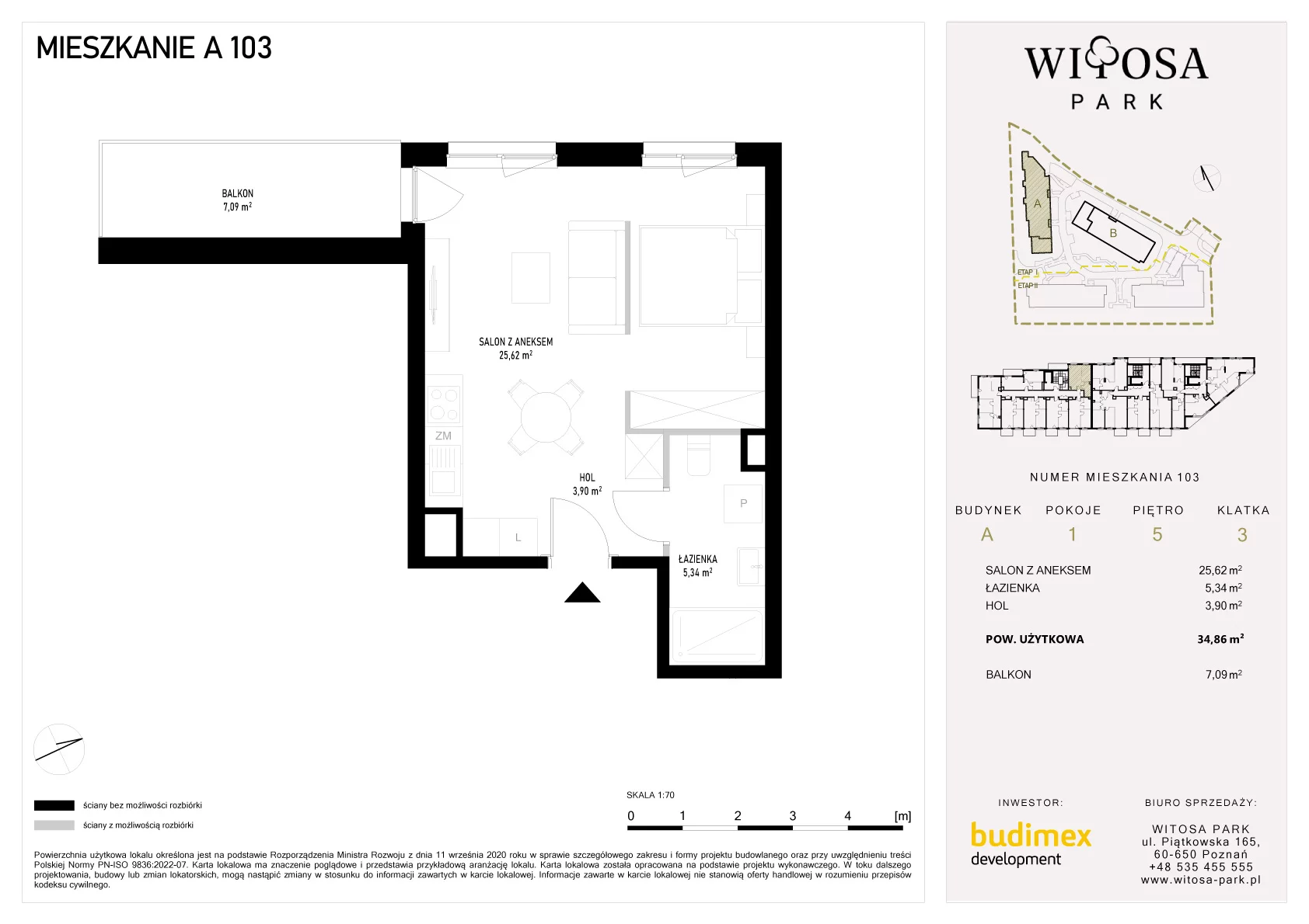 1 pokój, mieszkanie 34,86 m², piętro 5, oferta nr A/103, Witosa Park, Poznań, Winiary, Winiary, ul. Piątkowska 165 A-B
