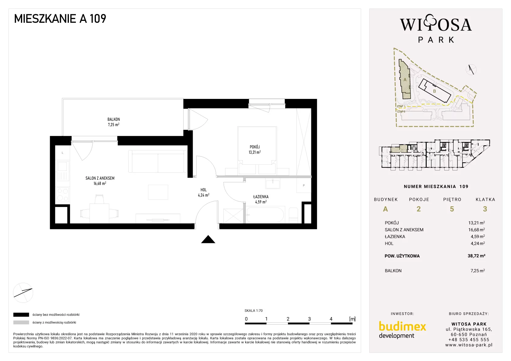 2 pokoje, mieszkanie 38,72 m², piętro 5, oferta nr A/109, Witosa Park, Poznań, Winiary, Winiary, ul. Piątkowska 165 A-B