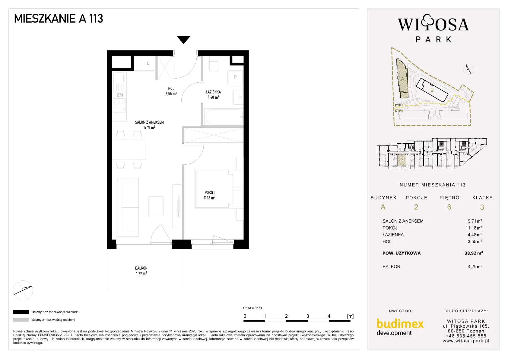 2 pokoje, mieszkanie 38,92 m², piętro 6, oferta nr A/113, Witosa Park, Poznań, Winiary, Winiary, ul. Piątkowska 165 A-B