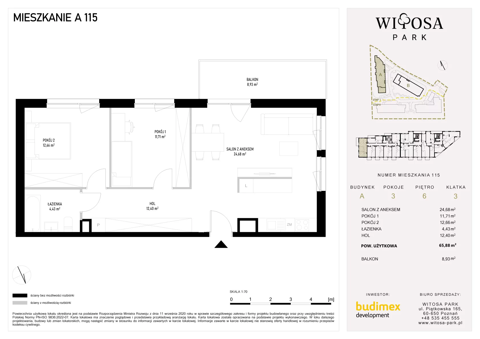 3 pokoje, mieszkanie 65,88 m², piętro 6, oferta nr A/115, Witosa Park, Poznań, Winiary, Winiary, ul. Piątkowska 165 A-B
