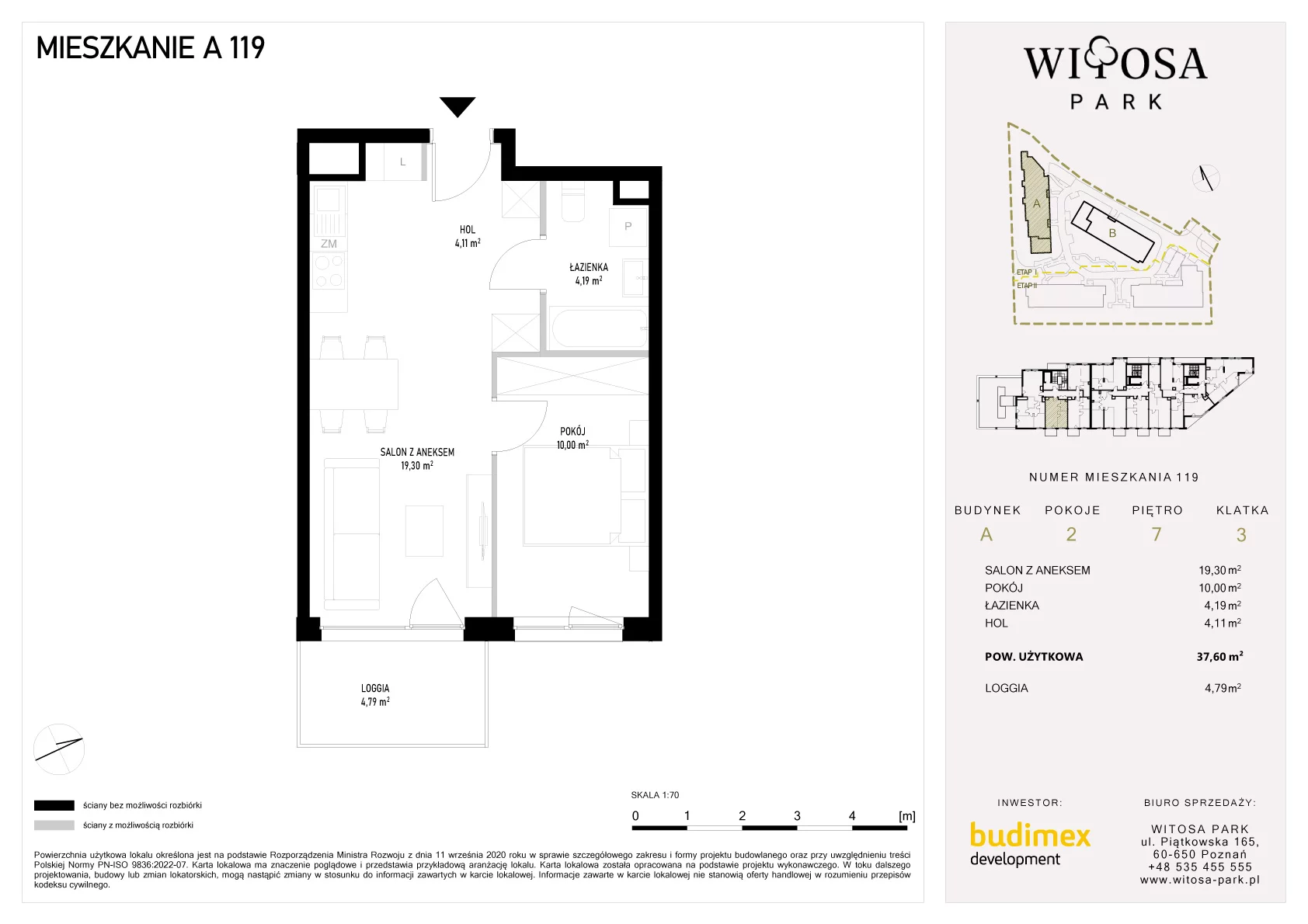 2 pokoje, mieszkanie 37,60 m², piętro 7, oferta nr A/119, Witosa Park, Poznań, Winiary, Winiary, ul. Piątkowska 165 A-B